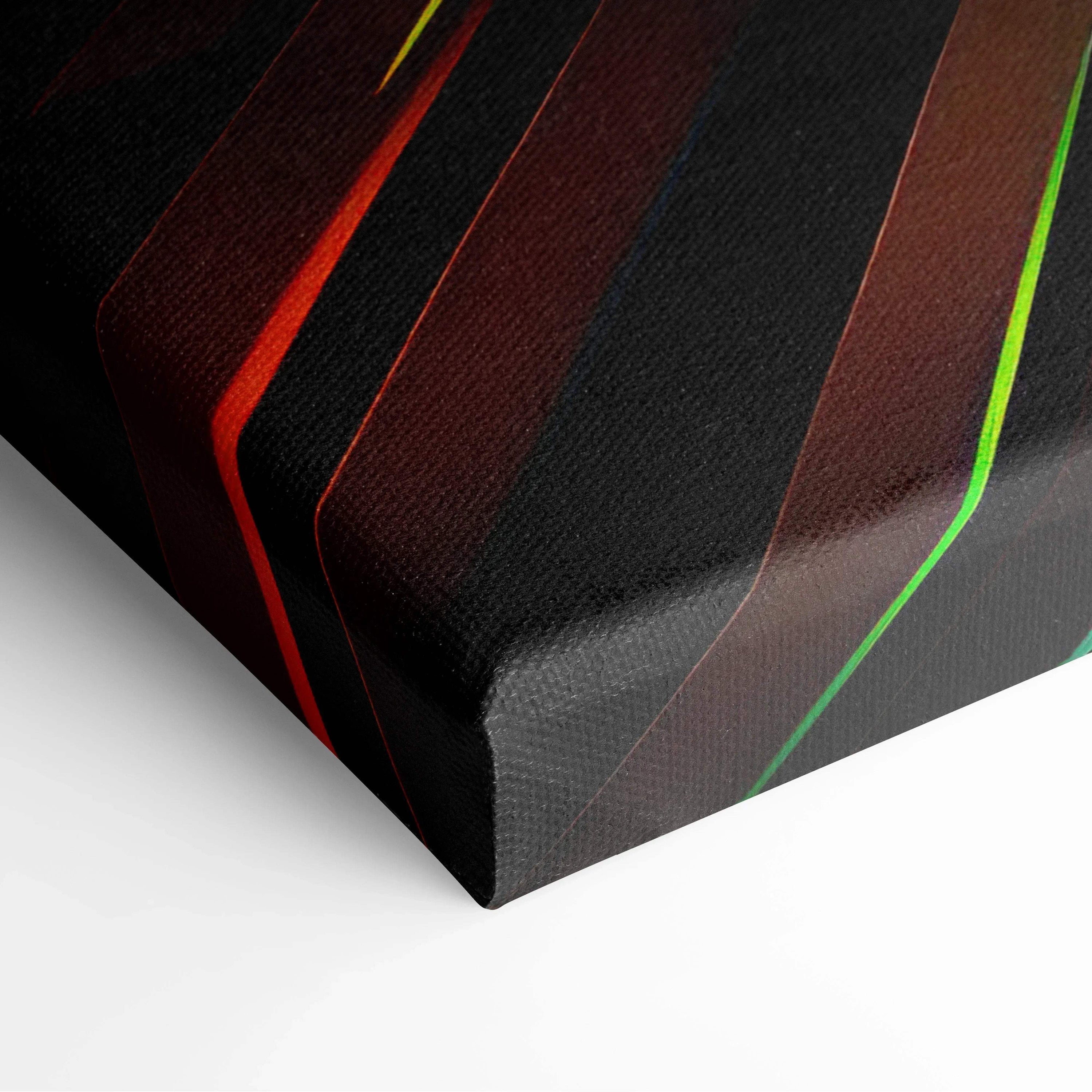 Close-up of canvas wall art with bold black, red, and green abstract stripes and textured surface.