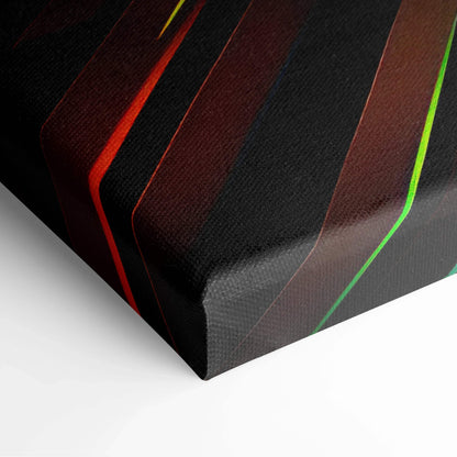 Close-up of canvas wall art with bold black, red, and green abstract stripes and textured surface.