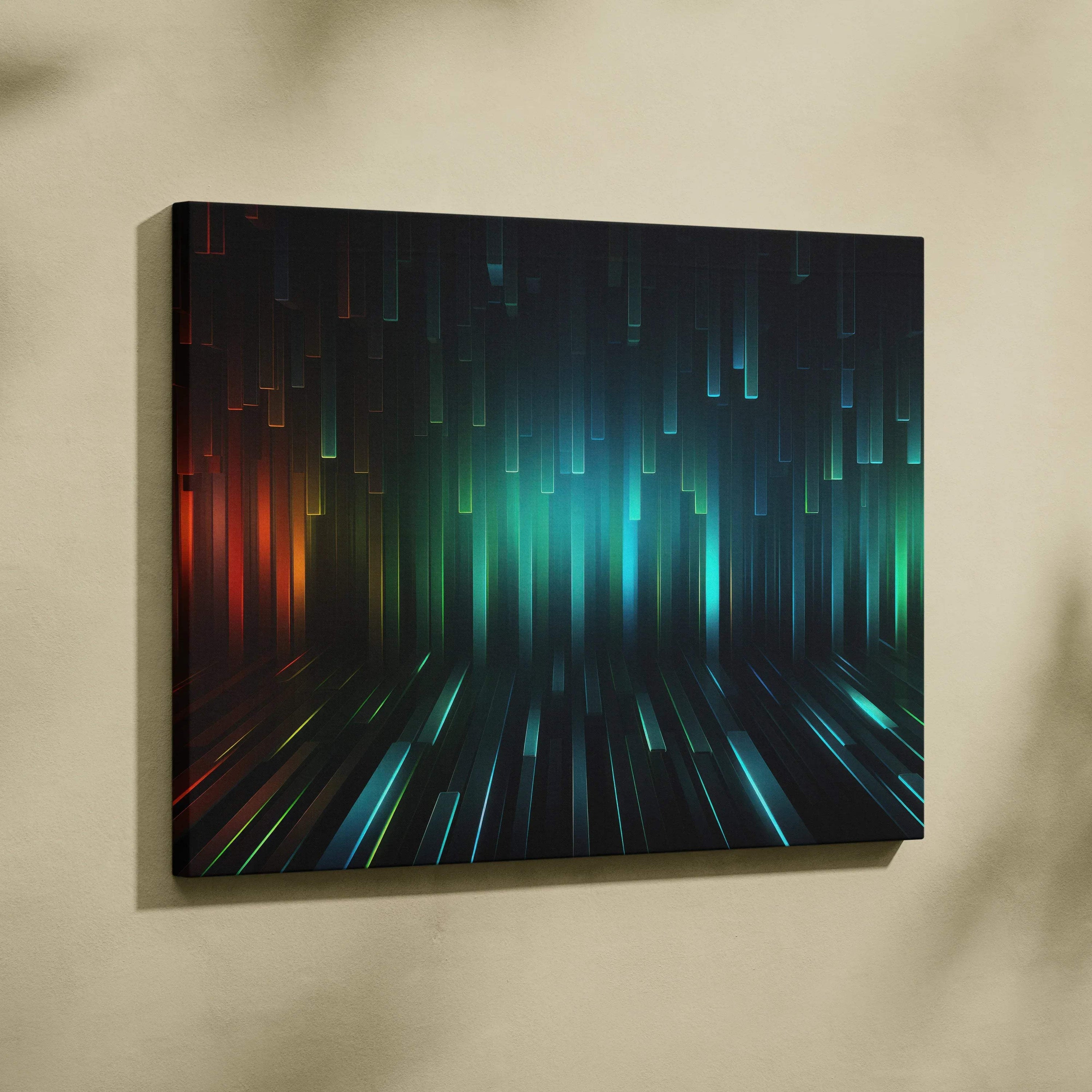 Canvas wall art featuring vertical abstract light streaks in shades of teal, blue, and orange on a dark background.