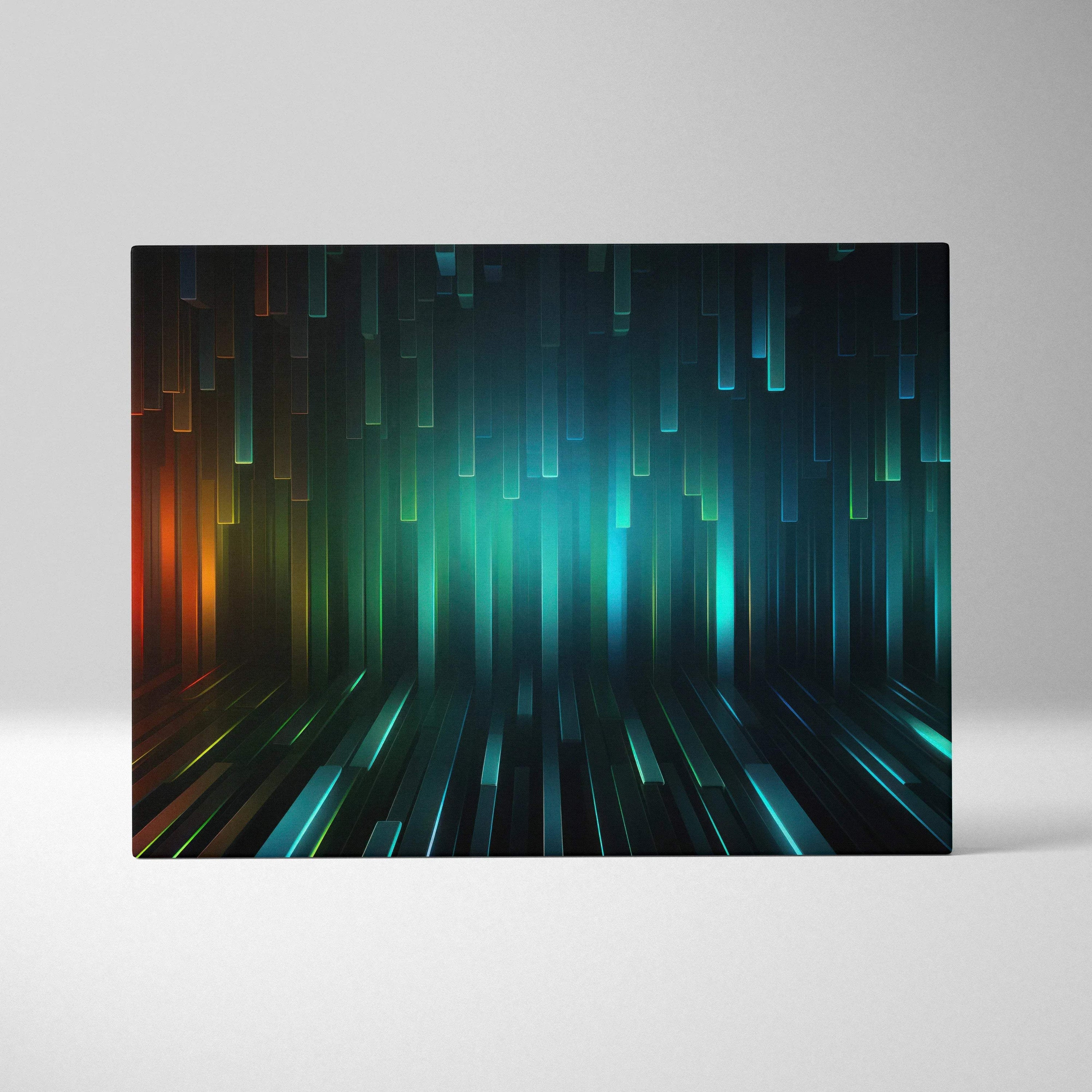 Abstract canvas wall art with vertical glowing lines in teal, blue, and orange tones on a dark background.