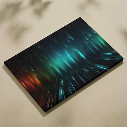 Abstract modern canvas art with bold vertical streaks in blue, green, and red on black background.