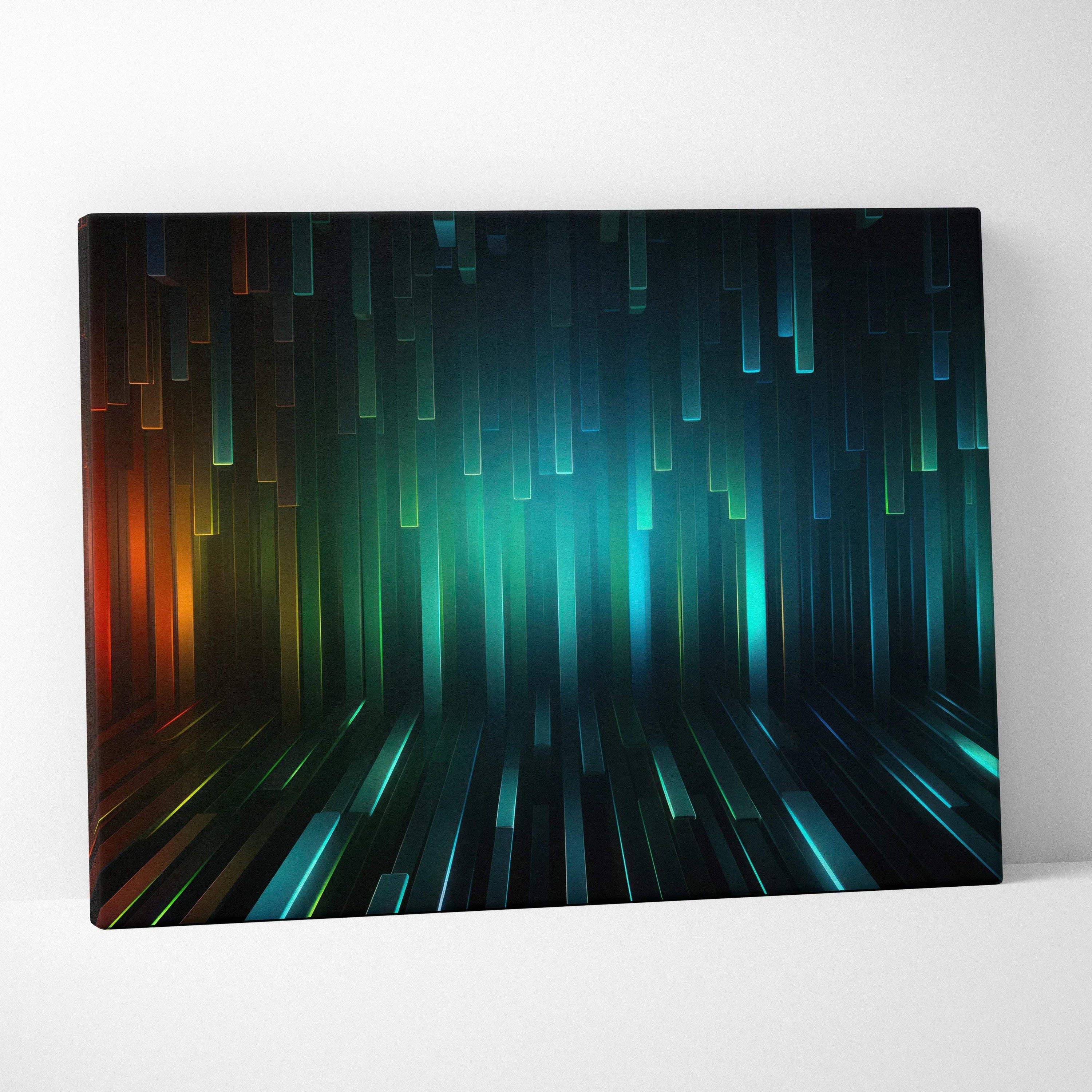 Abstract modern canvas art with vertical and diagonal light streaks in blue, green, and orange tones.