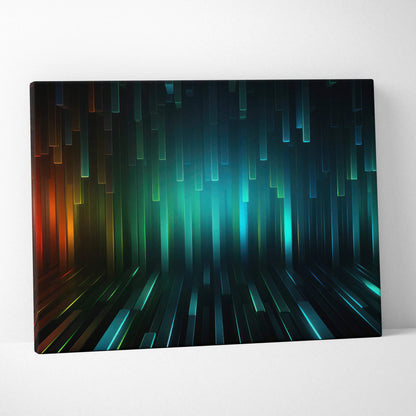 Abstract modern canvas art with vertical and diagonal light streaks in blue, green, and orange tones.