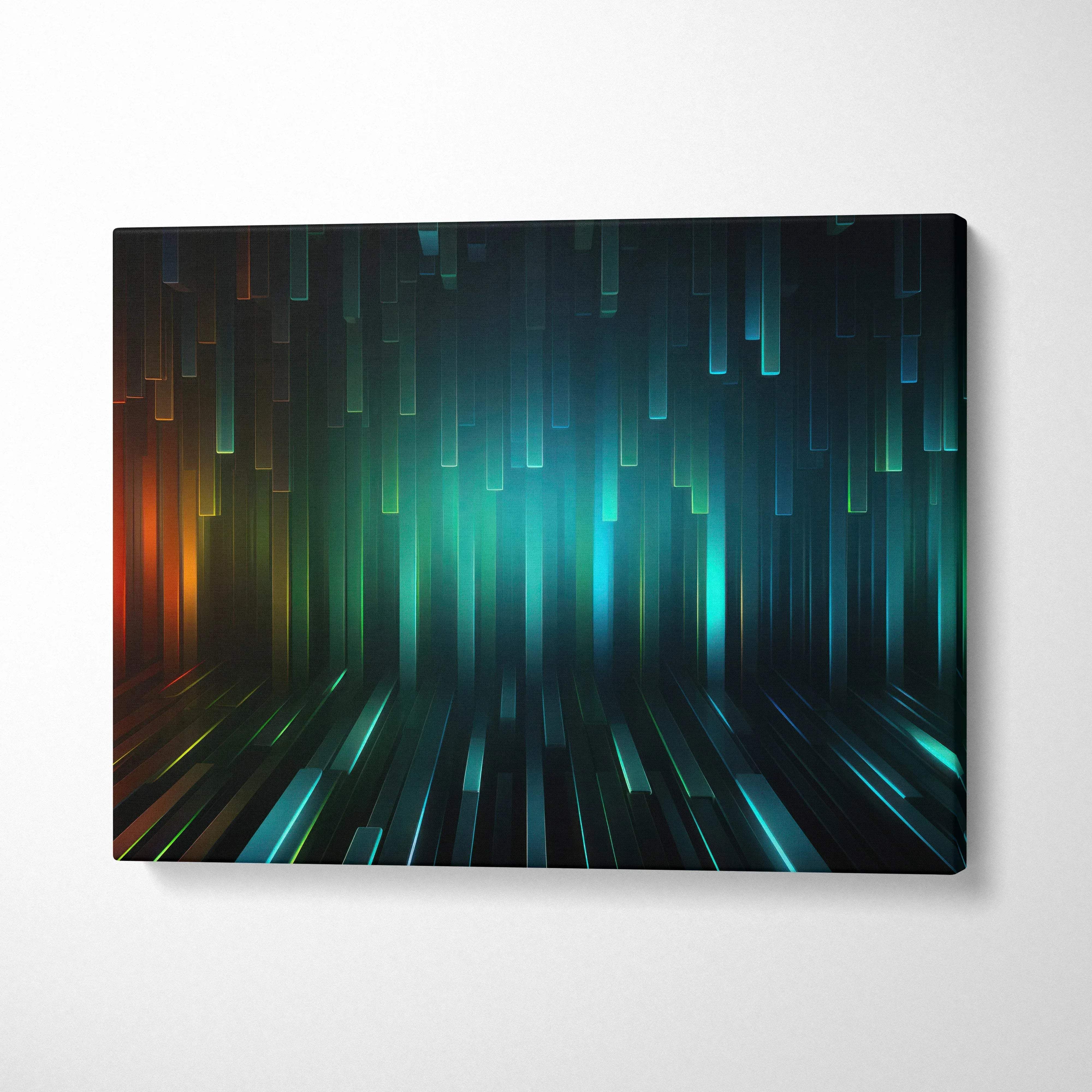 Abstract modern canvas wall art with vertical streaks in teal, blue, and orange tones.