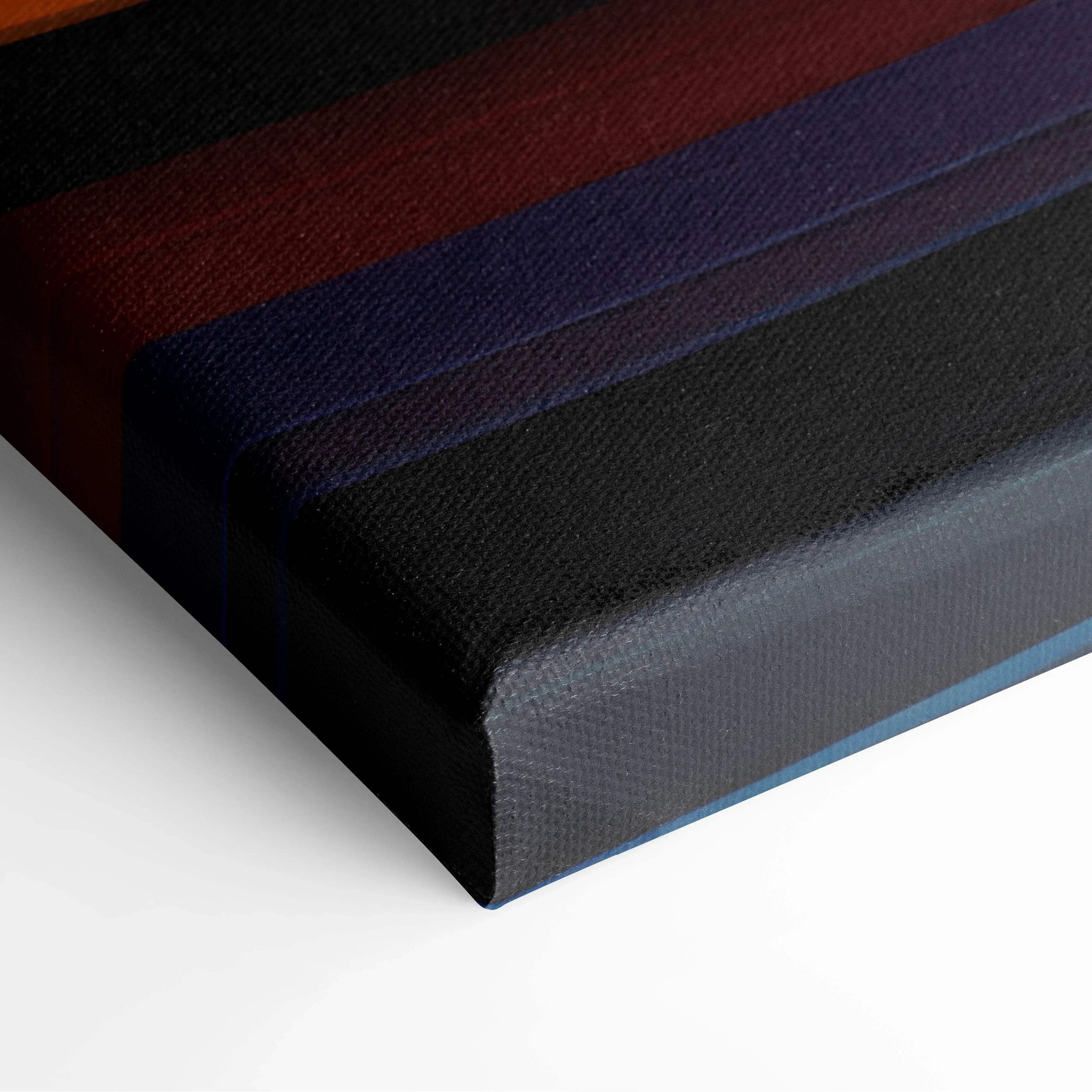 Close-up of canvas art corner with layered horizontal abstract stripes in black, dark red, purple, and blue tones on.