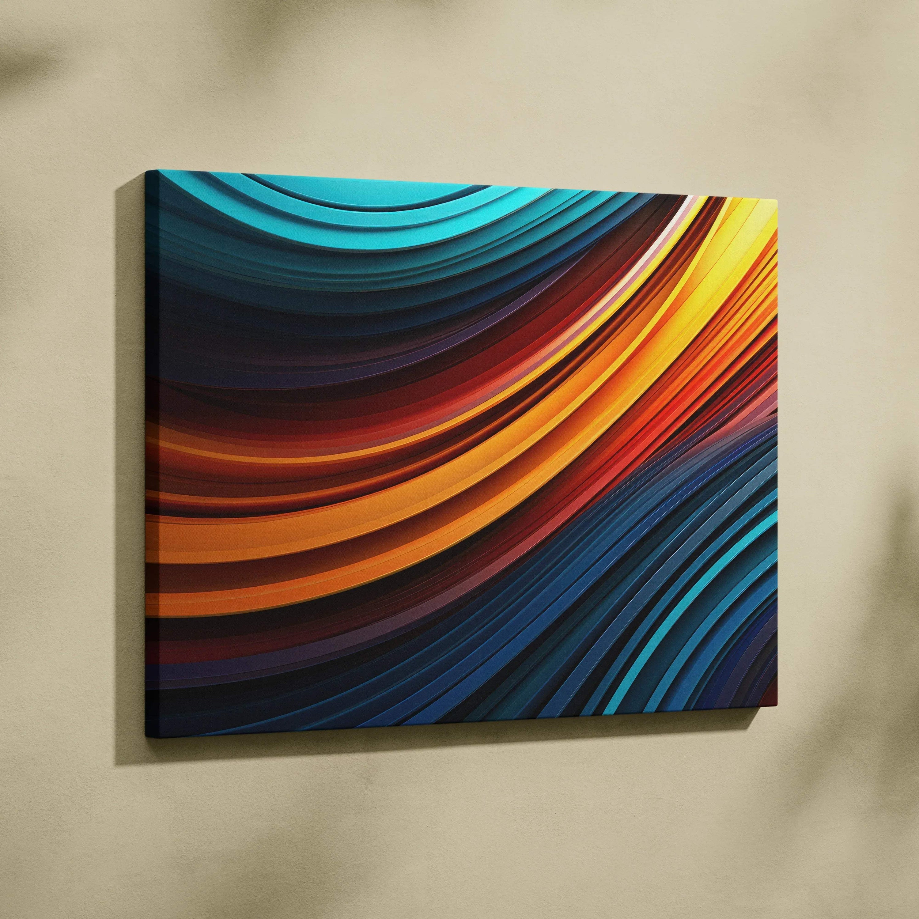 Abstract digital canvas art with flowing blue, orange, and yellow curved lines for modern wall art decor.