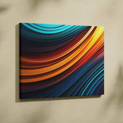 Abstract digital canvas art with flowing blue, orange, and yellow curved lines for modern wall art decor.