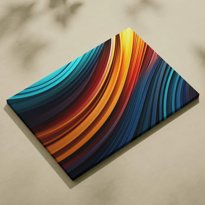 Abstract canvas art with flowing curved lines in vibrant blue, orange, and red tones on wall decor canvas.