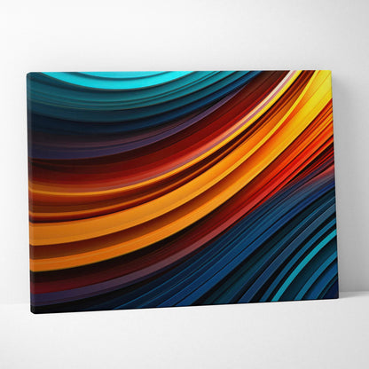 Abstract digital canvas wall art featuring smooth, curved waves in vibrant shades of blue, orange, yellow, and red.