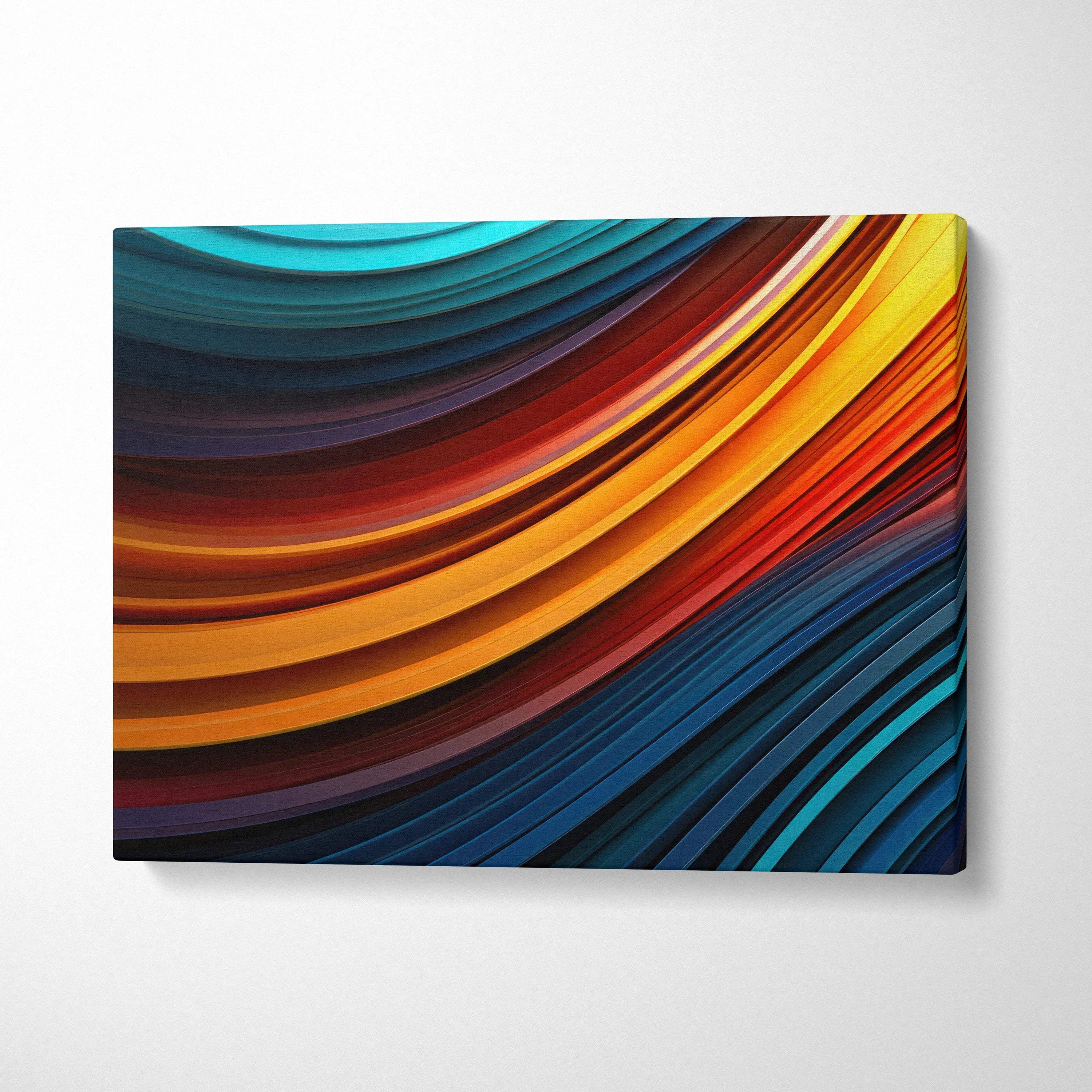 Abstract digital art canvas wall art with flowing waves in vibrant blue, orange, and red tones.