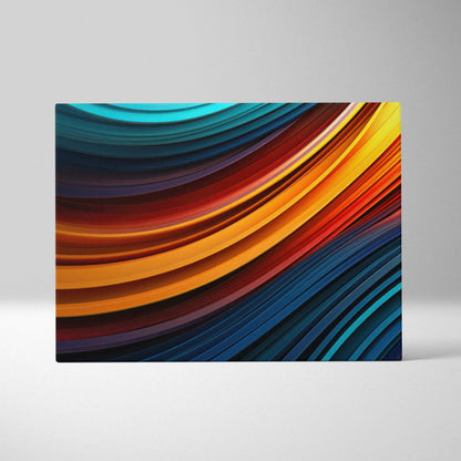 Abstract digital canvas art featuring flowing layered waves in vibrant blue, orange, yellow, and red tones for wall decor.