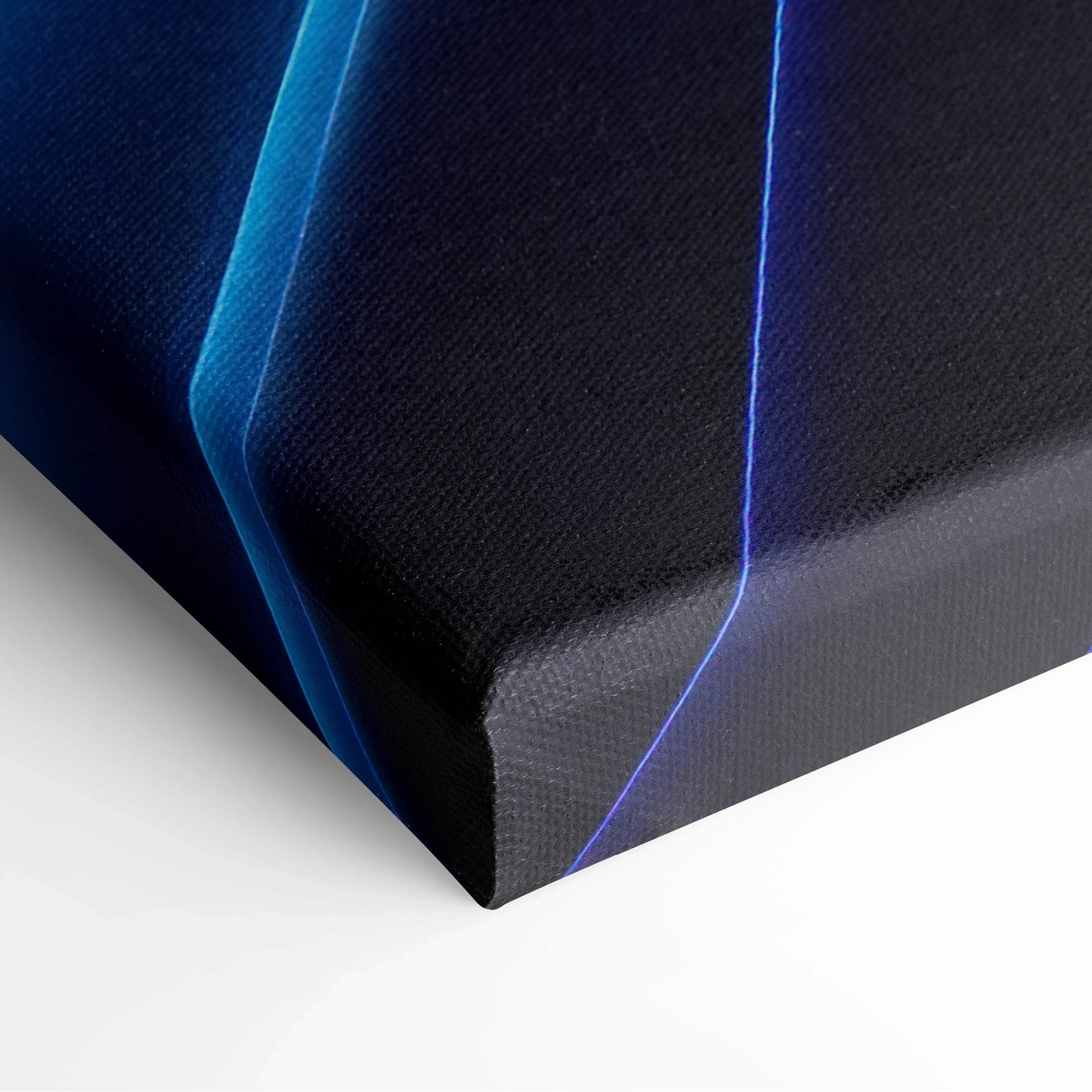 Black canvas print featuring glowing blue and purple neon light streaks for modern living room wall art