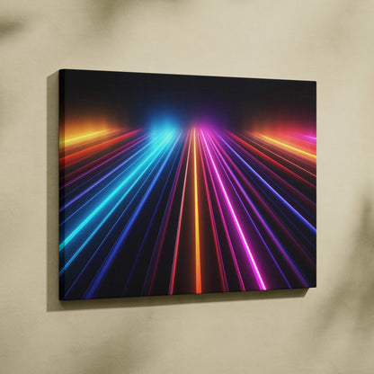 Modern abstract digital wall art canvas print with vibrant neon light streaks in blue, orange, and pink.