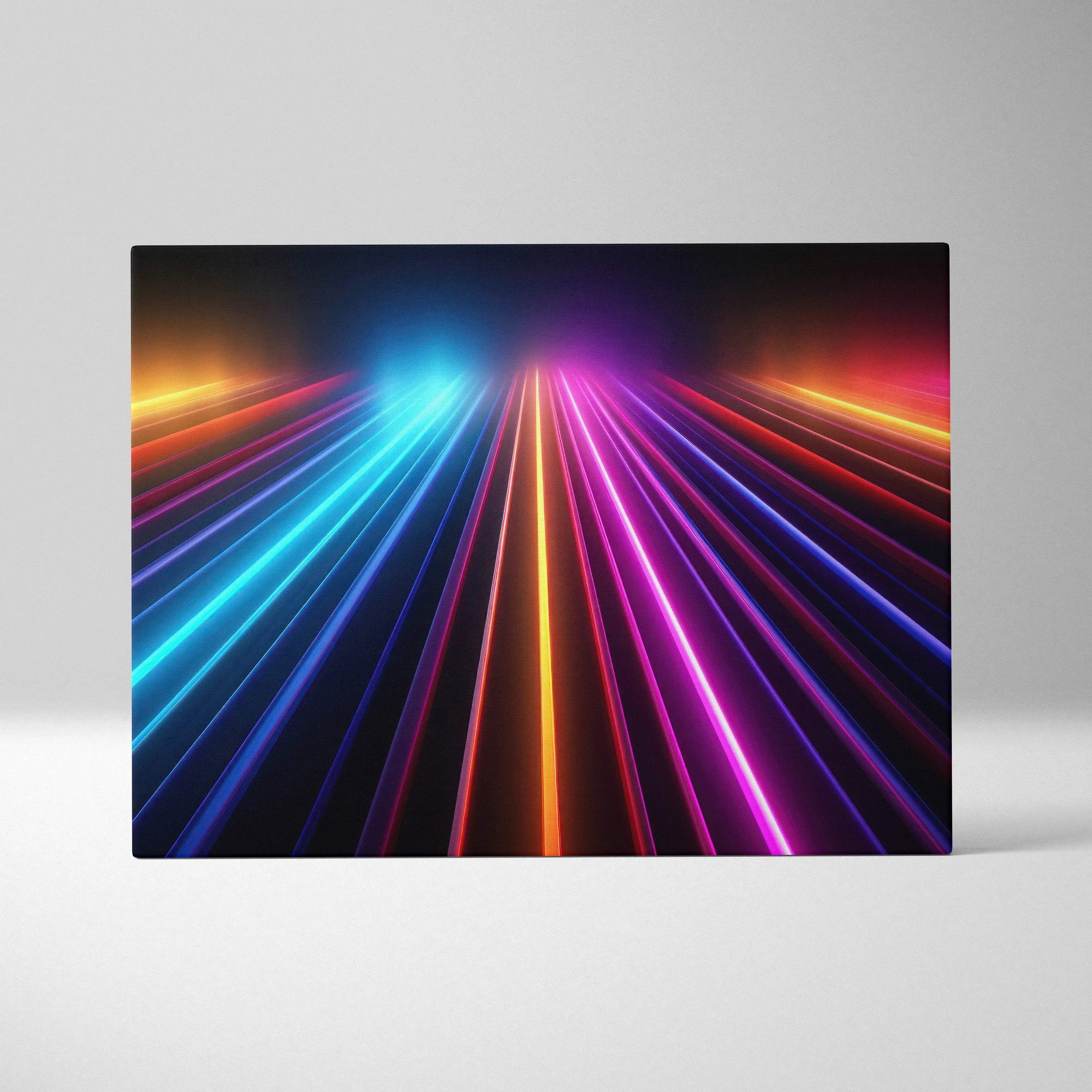 Modern abstract digital canvas wall art featuring vibrant neon lines in blue, pink, and orange on a black background.