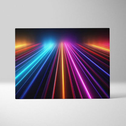 Modern abstract digital canvas wall art featuring vibrant neon lines in blue, pink, and orange on a black background.