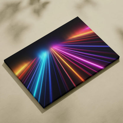 Abstract digital canvas art with vibrant diagonal neon lines in blue, purple, pink, and orange on black background.