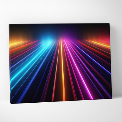 Modern abstract digital canvas wall art with vibrant neon light streaks in blue, pink, orange, and purple.
