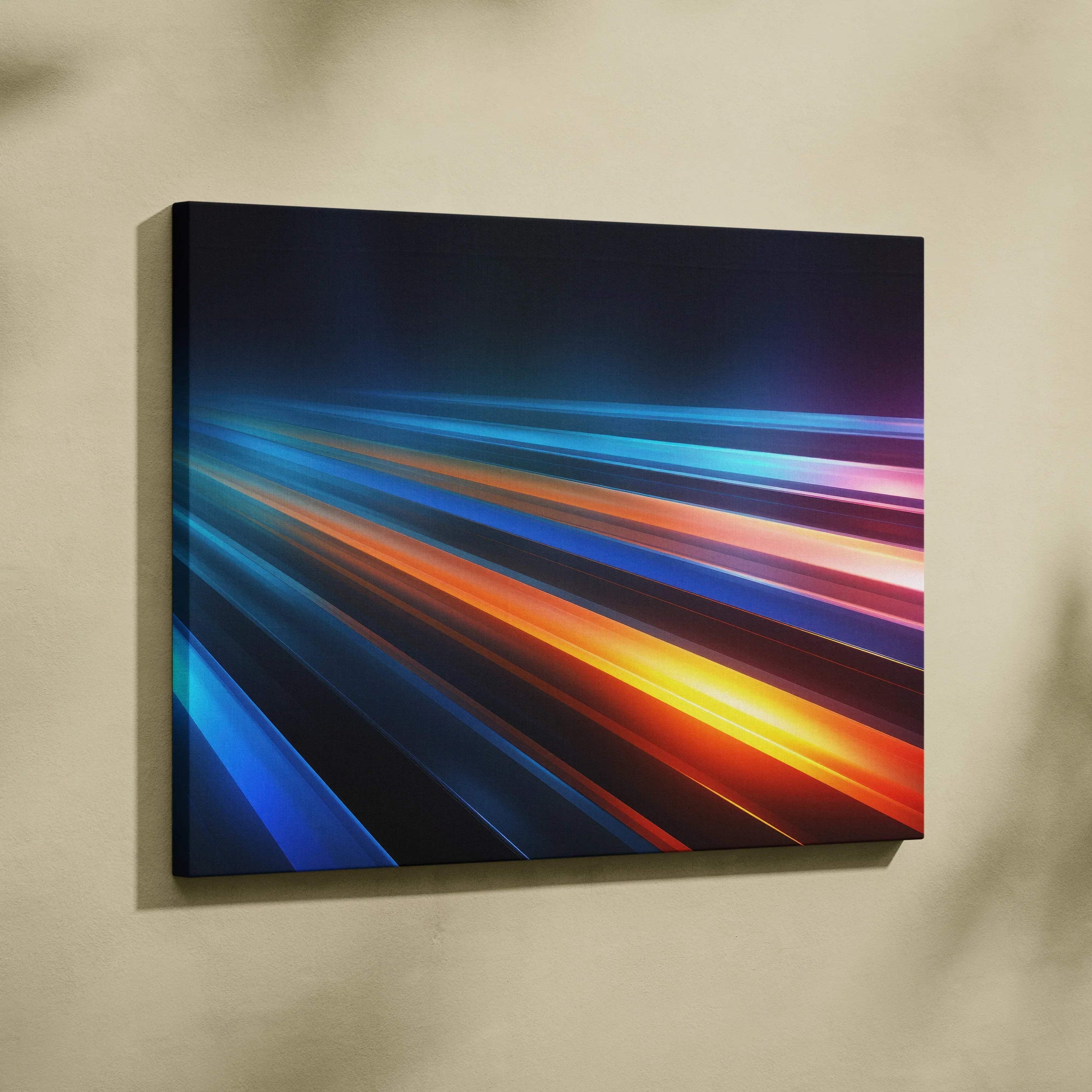 Abstract digital canvas art featuring vibrant diagonal streaks of blue, orange, and purple on a dark background.