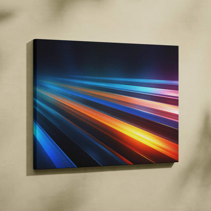 Abstract digital canvas art featuring vibrant diagonal streaks of blue, orange, and purple on a dark background.
