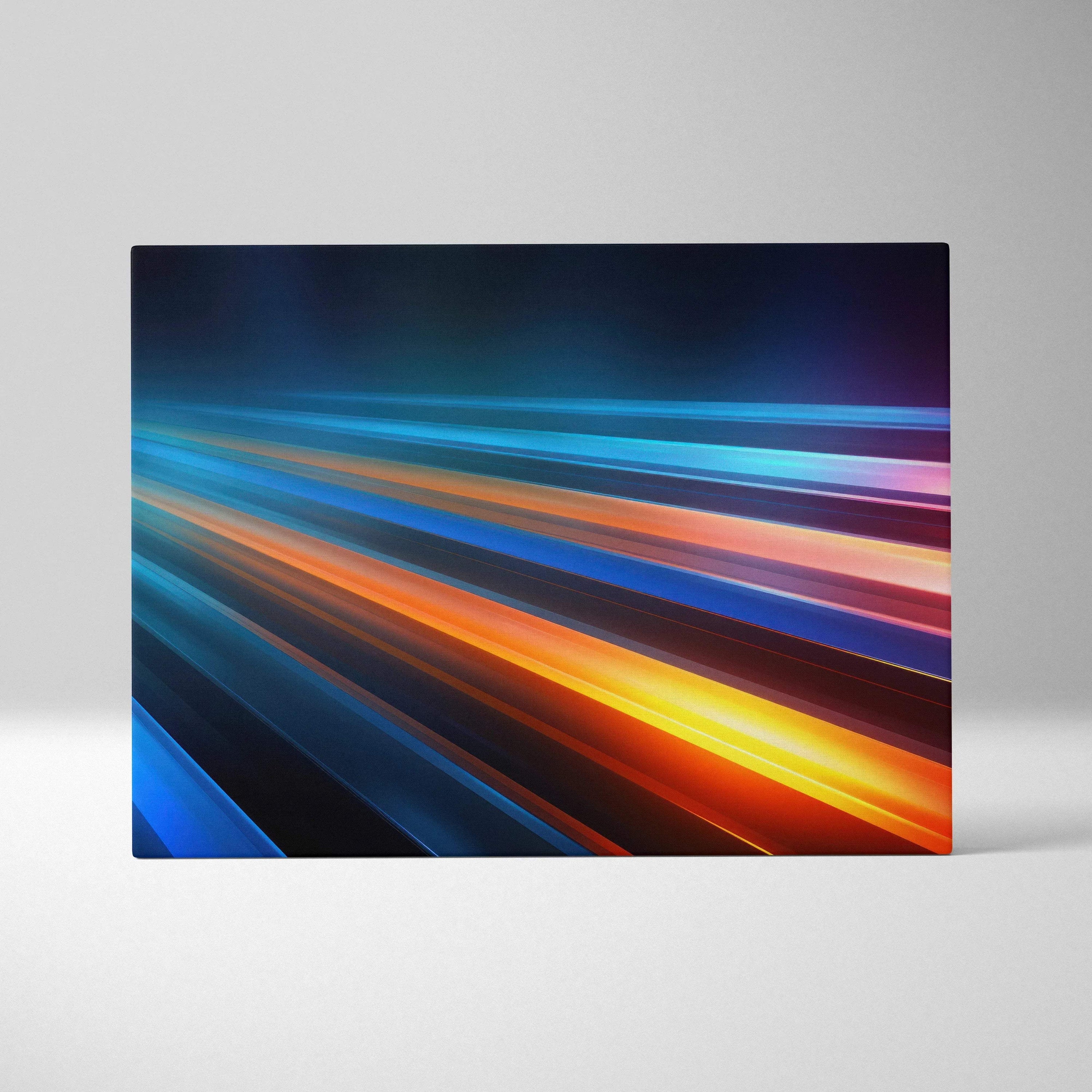 Abstract canvas art with radiant blue, orange, and purple streaks creating dynamic light trails on wall art canvas.