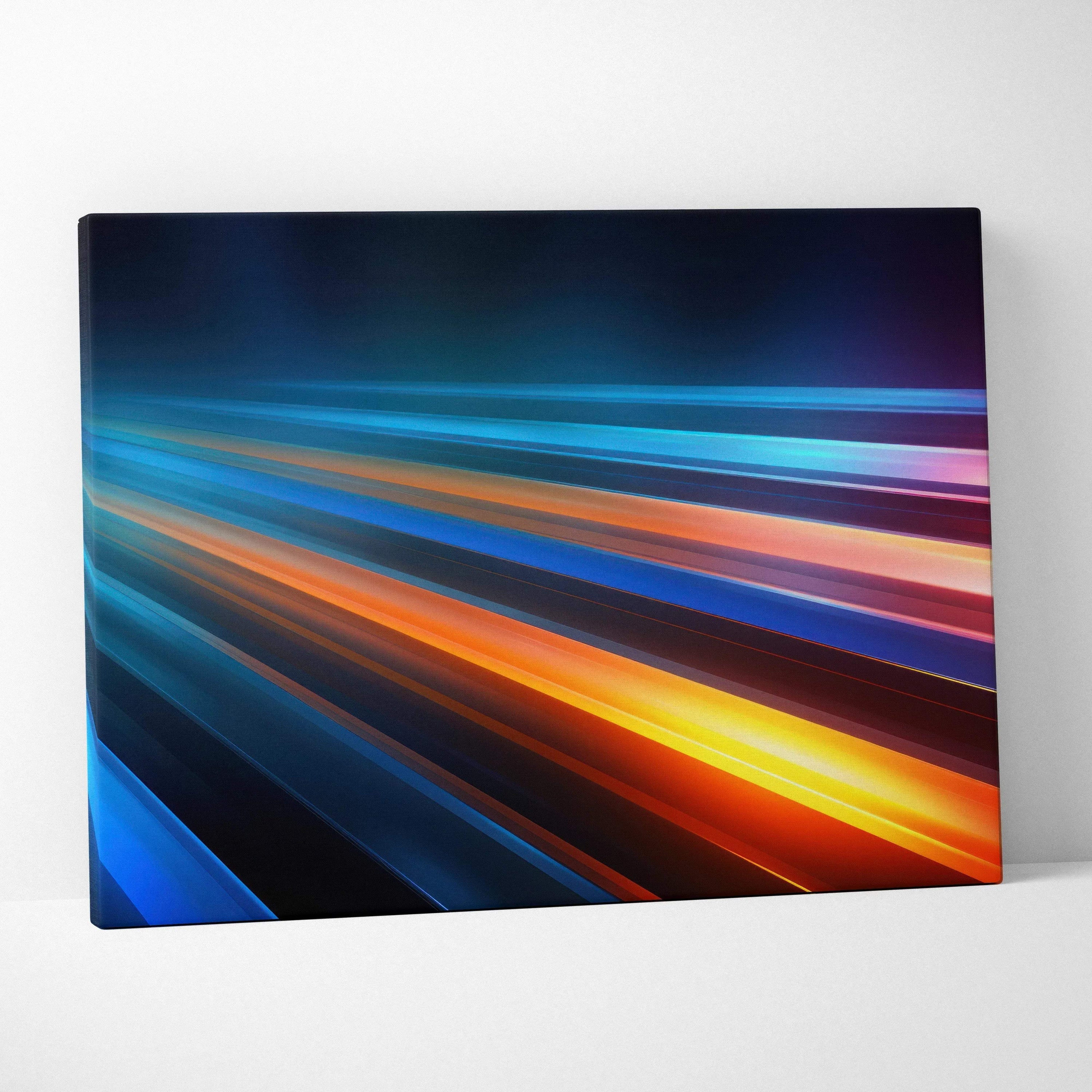 Abstract canvas wall art featuring dynamic diagonal streaks in blue, orange, and purple tones on a dark background.
