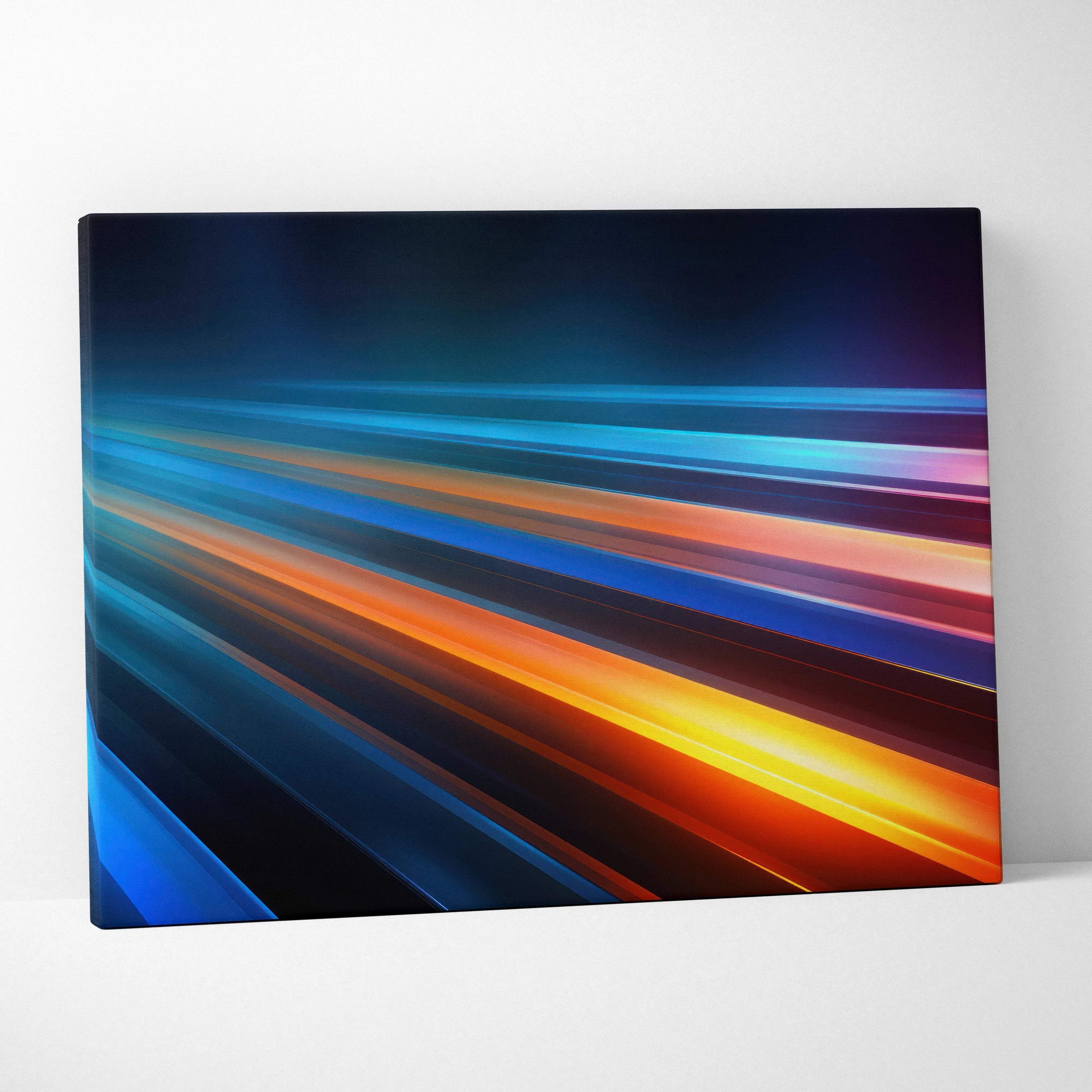 Dynamic abstract stripe canvas wall art with vibrant blue orange and purple streaks on a dark background for modern decor