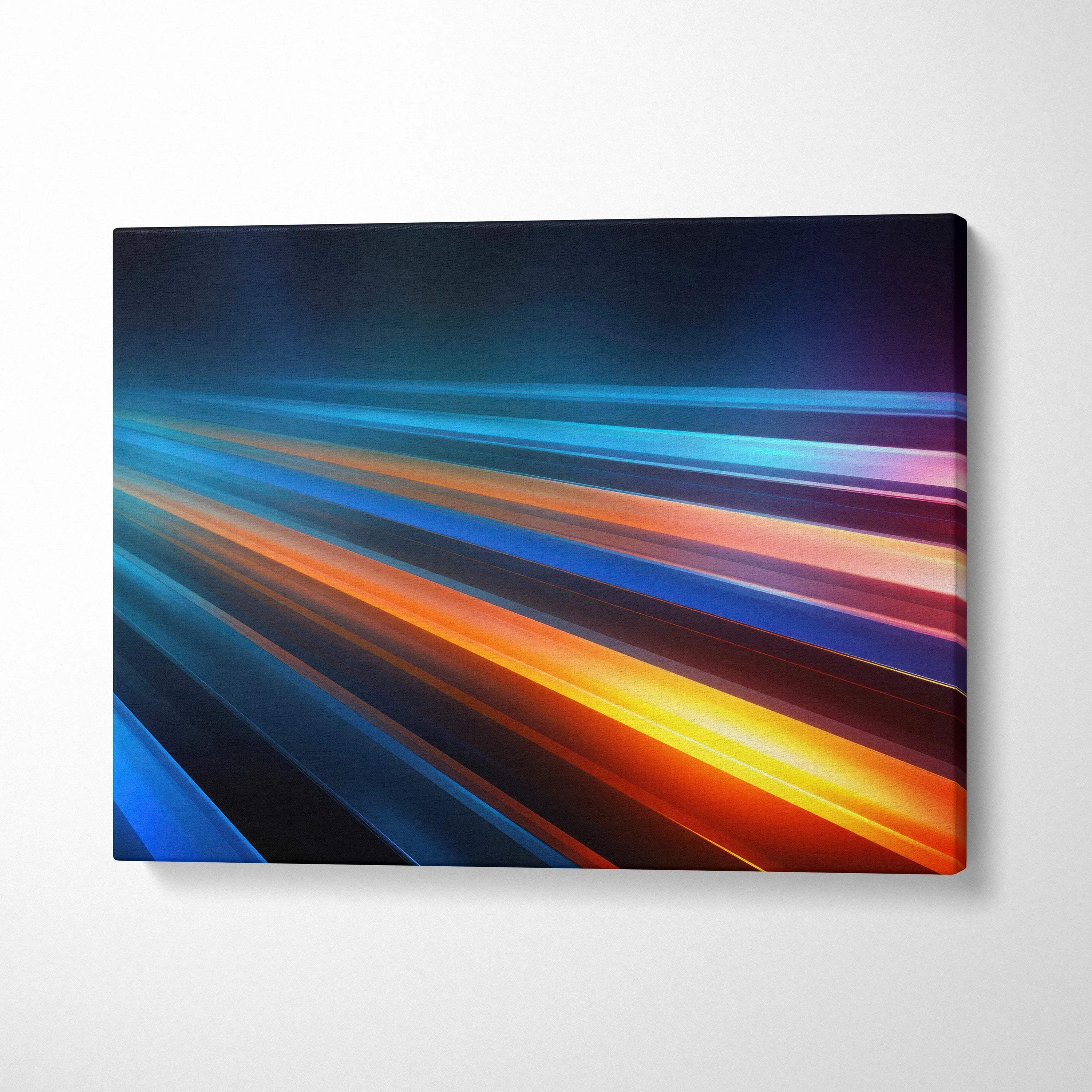 Abstract digital art canvas with vibrant blue, orange, and purple streaks, modern wall art.