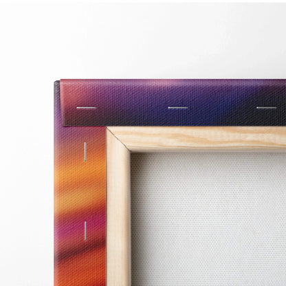 Close-up of wooden frame and stapled colorful abstract digital art canvas wall decor with purple and orange hues.
