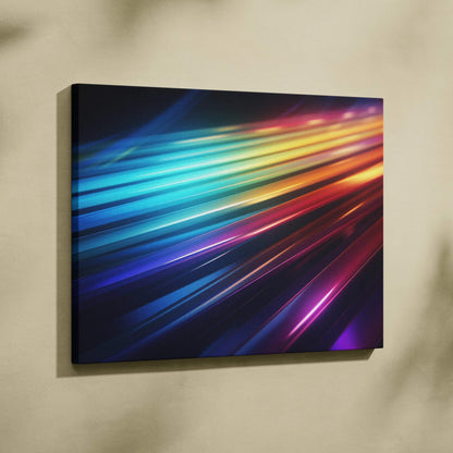 Abstract digital art canvas wall decor with vibrant blue, purple, and orange light streaks.