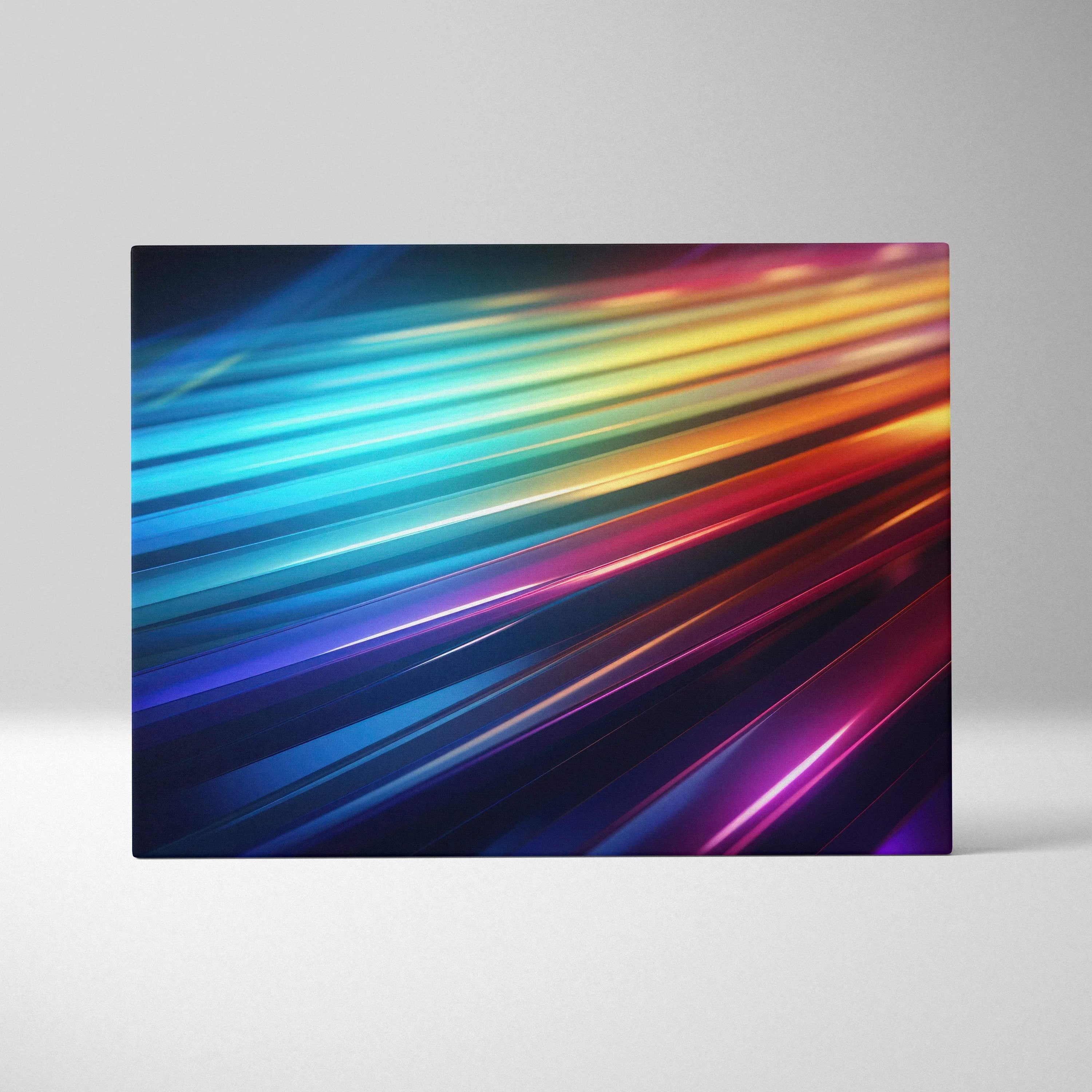Abstract digital art canvas print with vibrant diagonal streaks in blue, teal, yellow, orange, and purple tones.