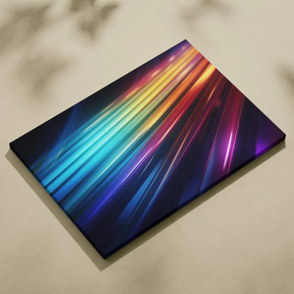 Abstract digital canvas art with vibrant blue, purple, and orange light streaks on black background.
