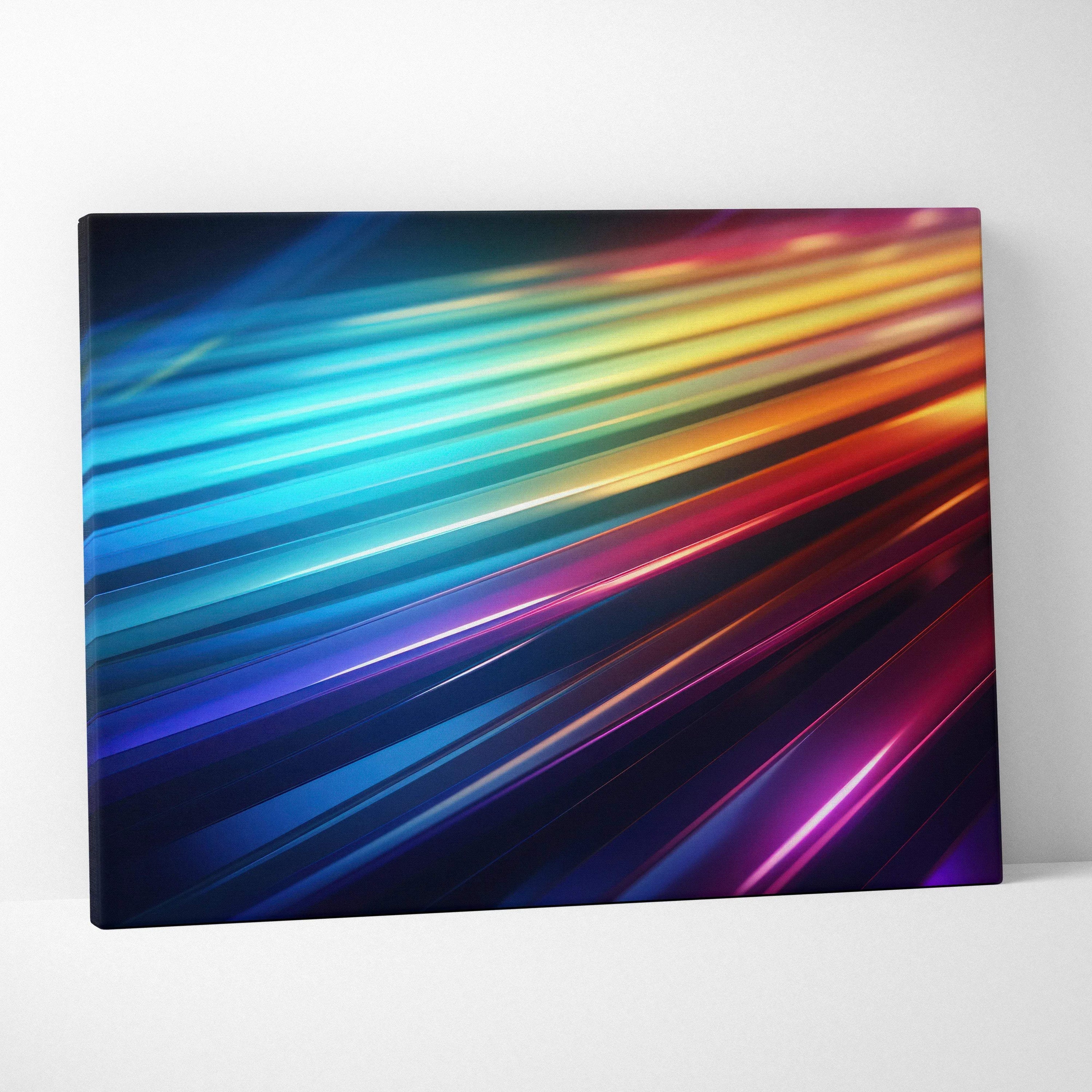Abstract digital art canvas print with vibrant linear streaks in blue, teal, yellow, orange, red, and purple on a sleek.