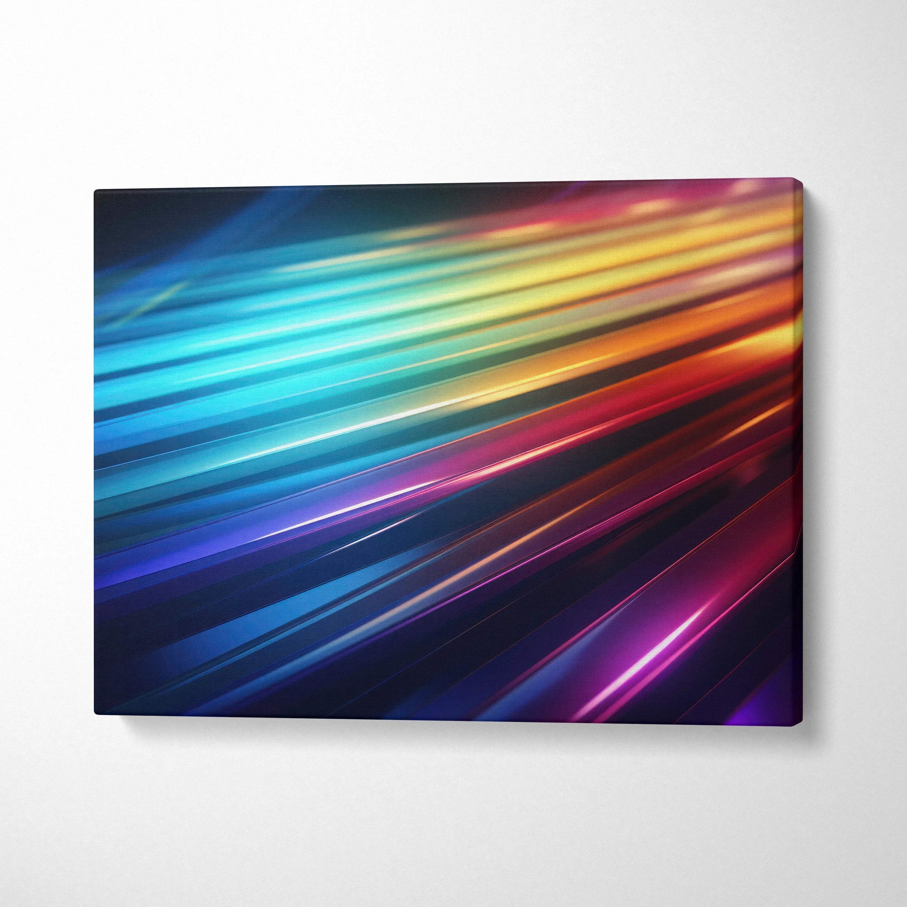 Abstract digital art canvas wall decor with vibrant diagonal streaks in blue, orange, red, and purple tones.