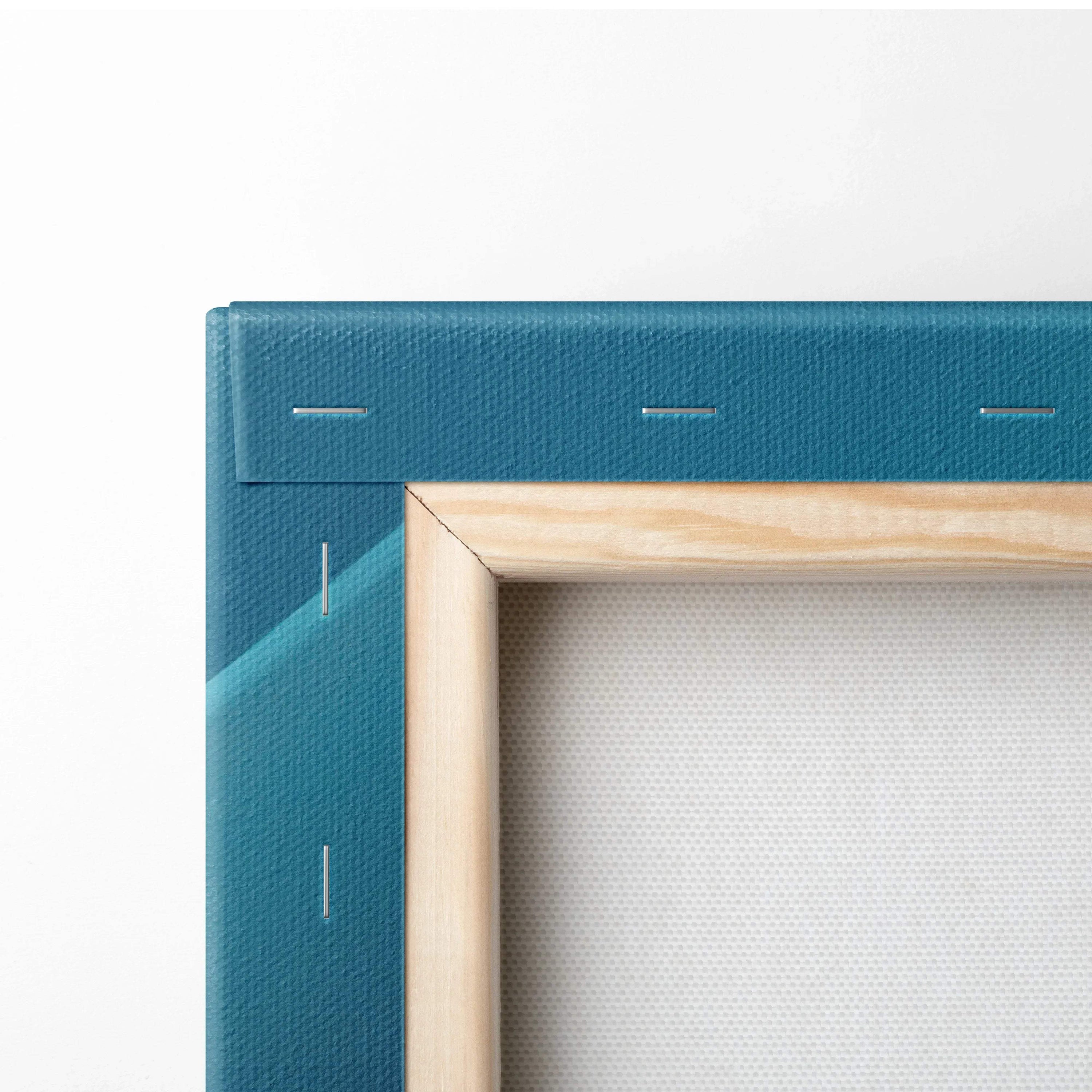 Close-up of wooden stretcher bars and blue canvas fabric on abstract digital art wall canvas.