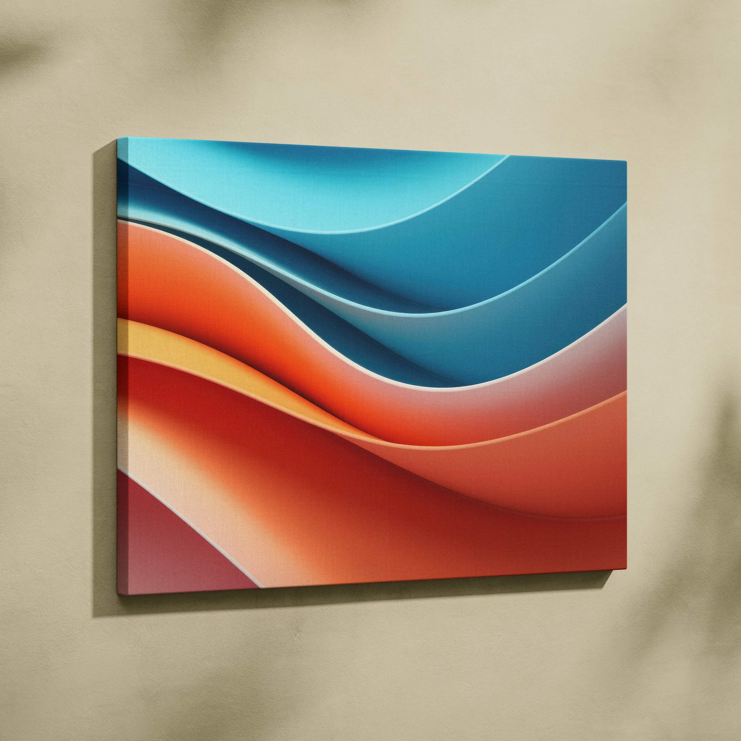 Abstract colorful waves in blue and orange tones on a vibrant canvas wall art print.