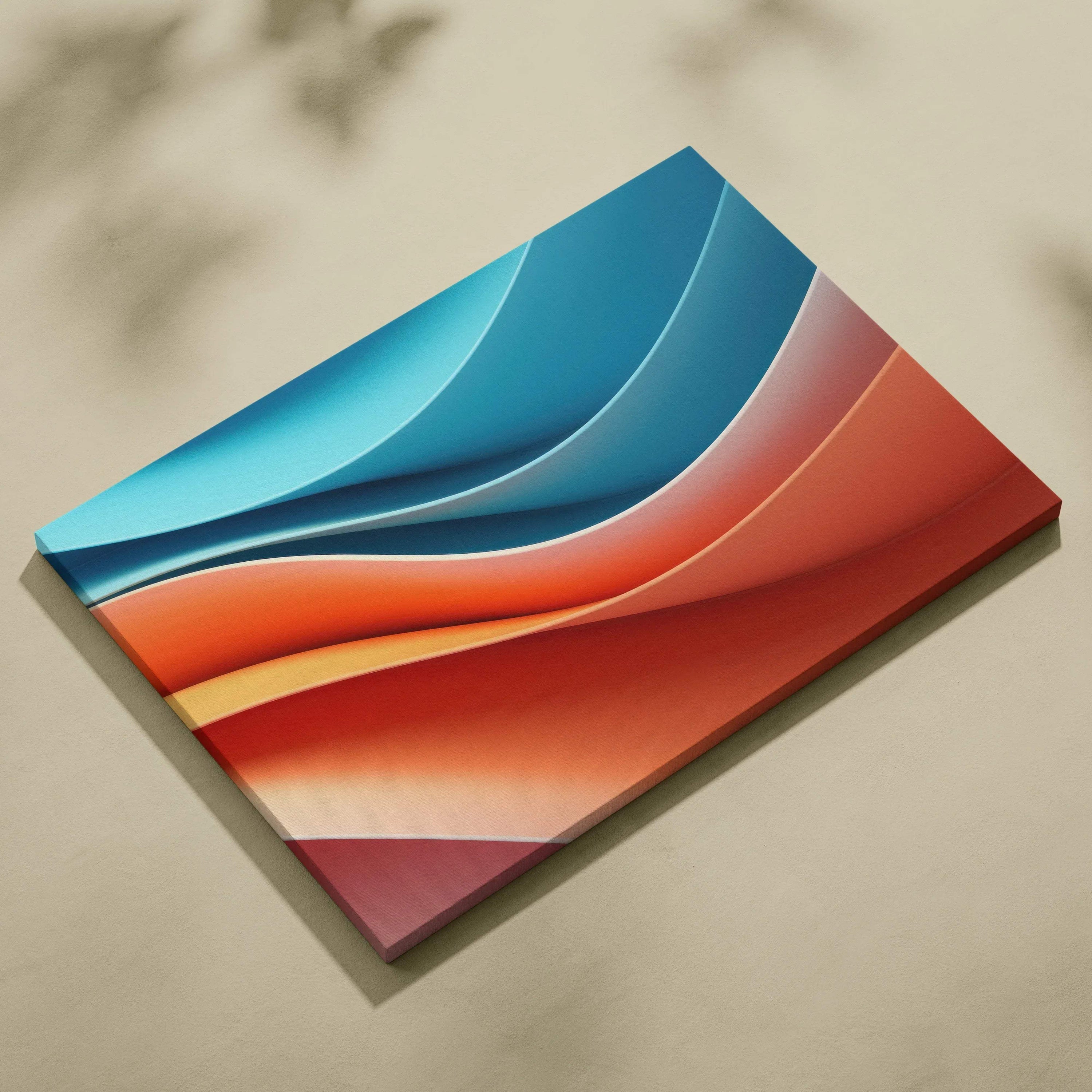 Abstract digital canvas art featuring smooth, layered waves in blue, orange, and red tones.