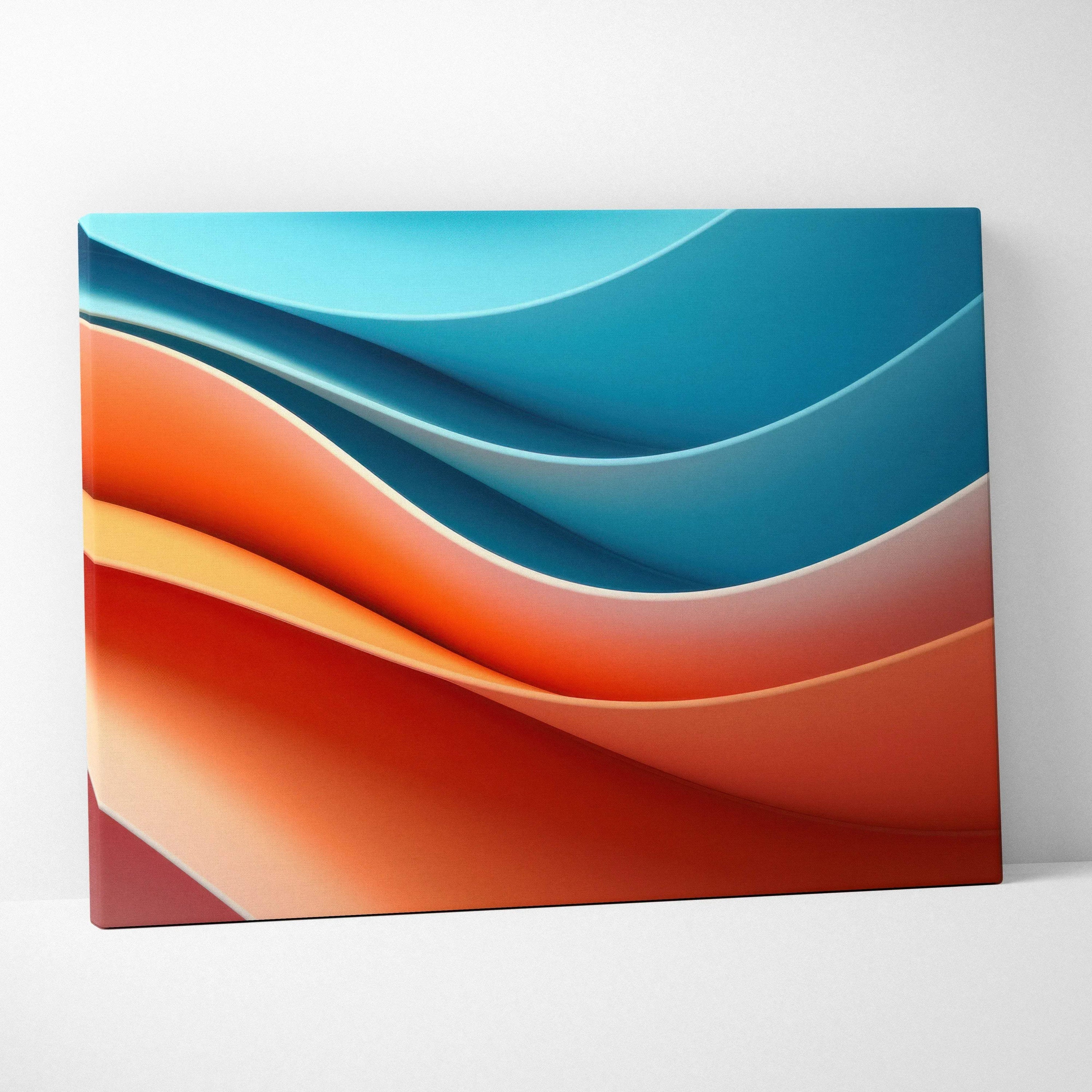 Abstract canvas wall art featuring smooth, flowing waves in shades of blue, orange, and red.
