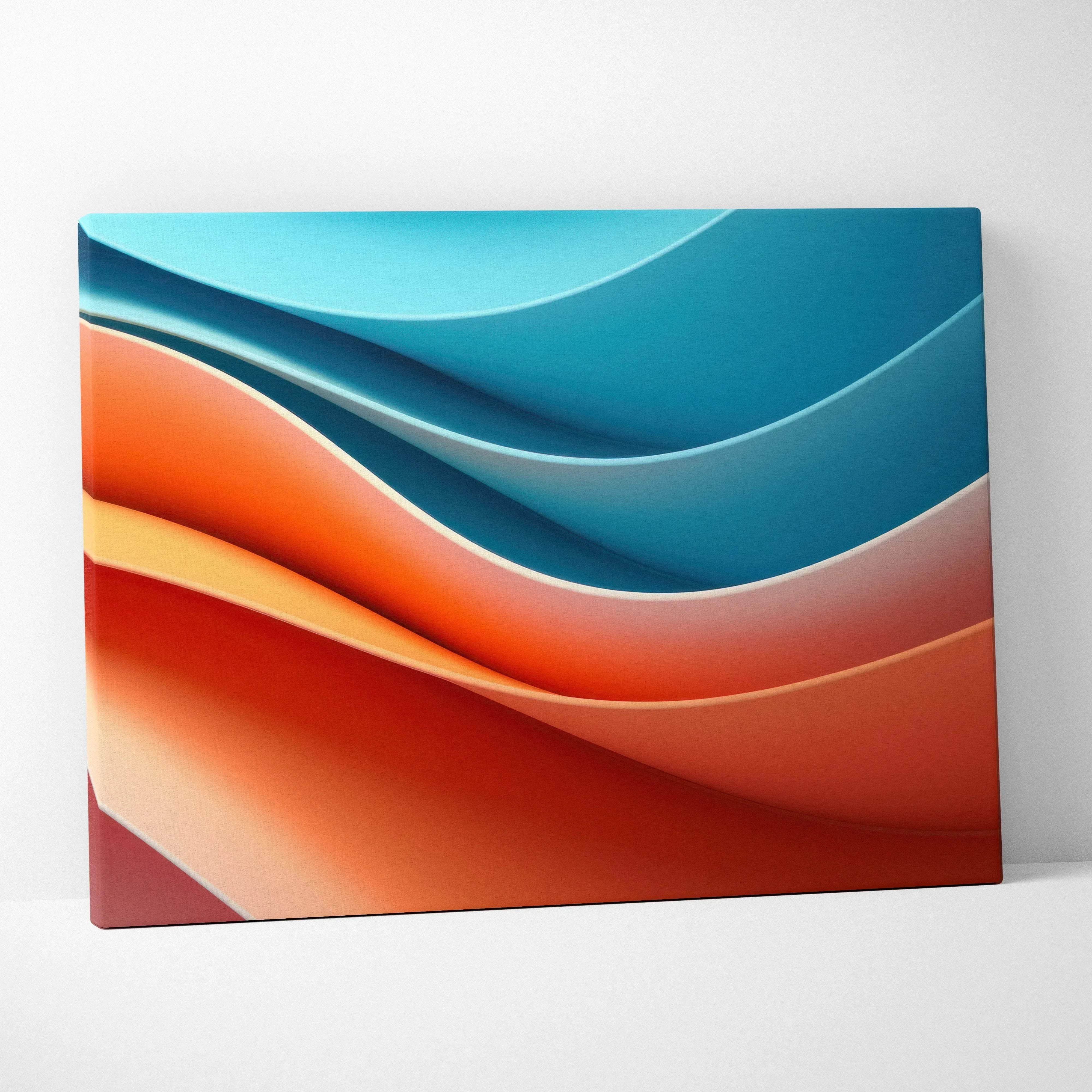 A modern abstract canvas wall art featuring smooth flowing waves in teal blue and warm orange for living rooms
