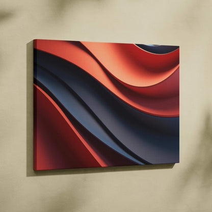 Abstract digital canvas wall art featuring flowing red and dark blue waves with smooth gradients.