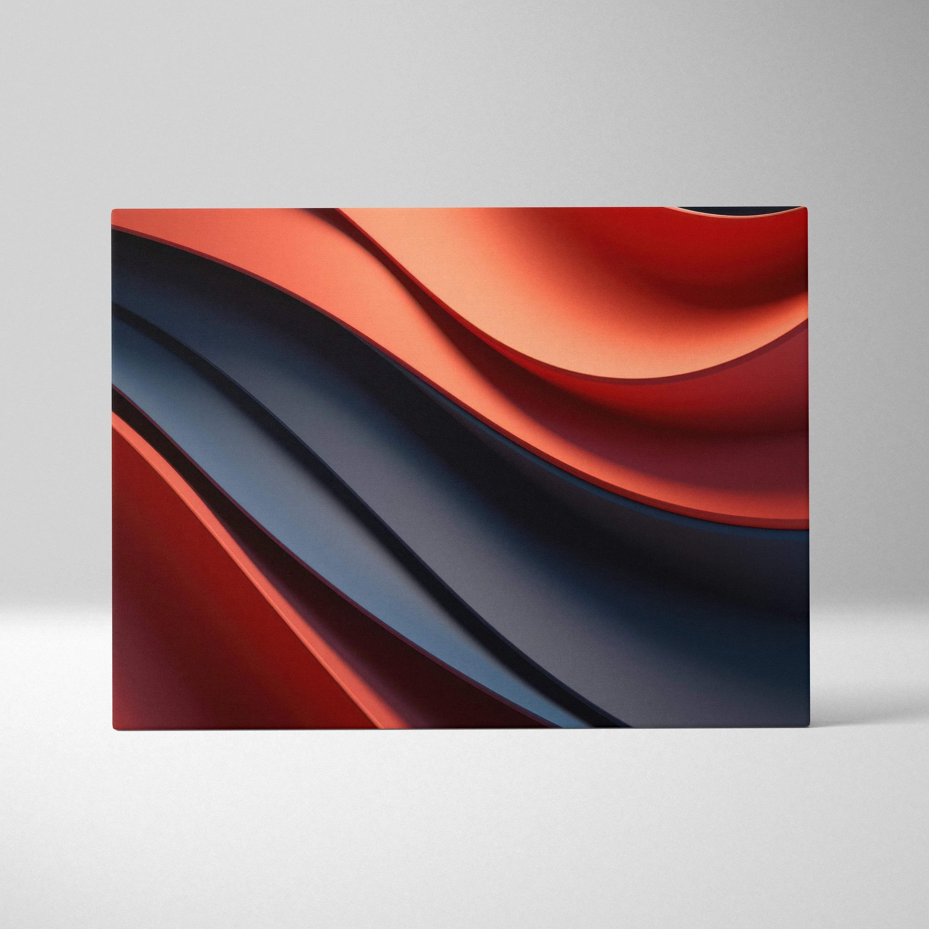 Abstract canvas wall art with layered flowing waves in deep red and dark blue tones.