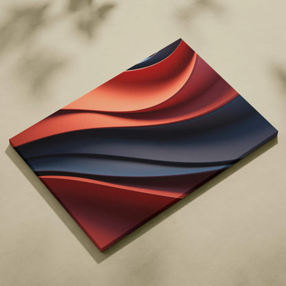 Modern abstract canvas art wall print with layered red, navy, and black flowing shapes on canvas.