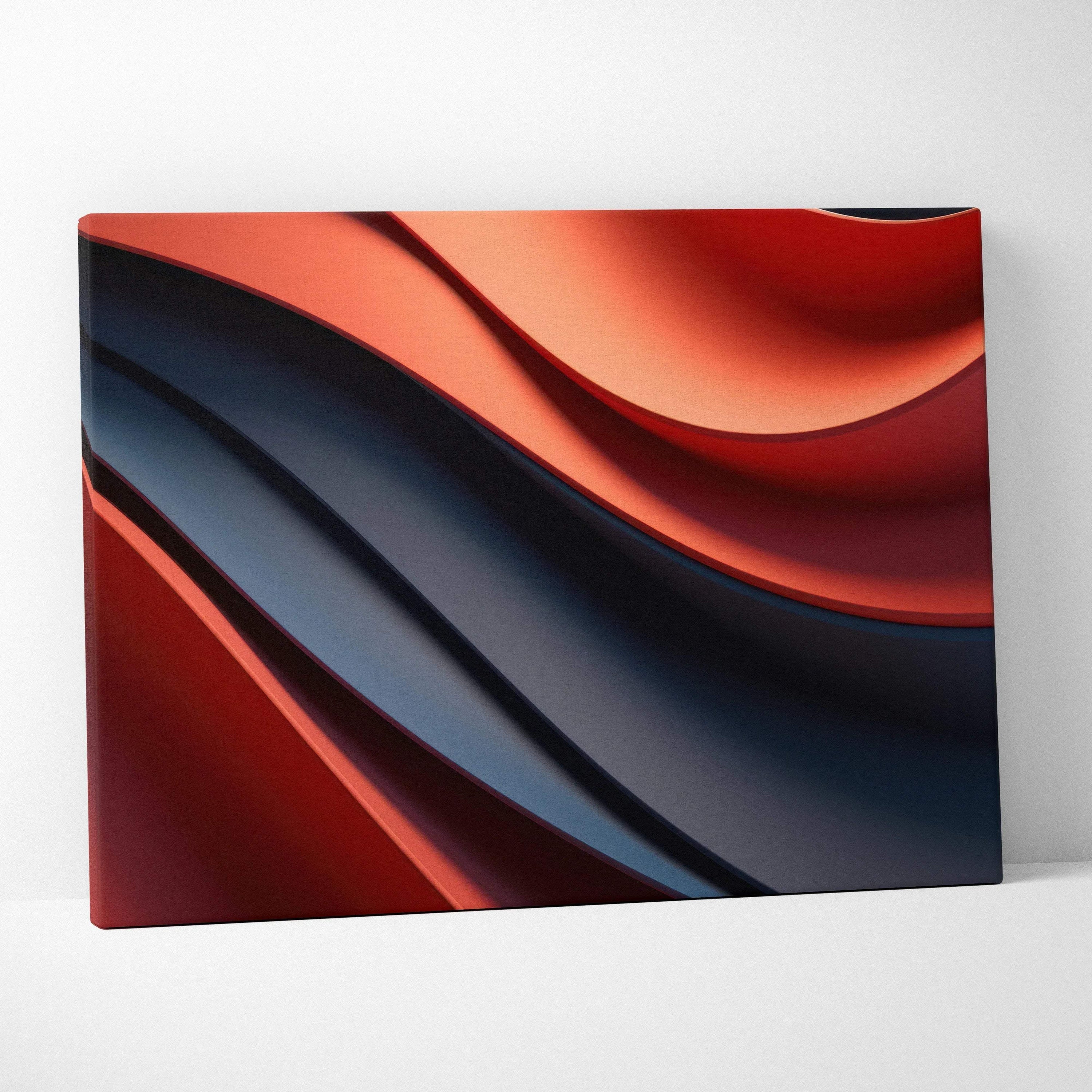 Abstract digital canvas wall art featuring smooth flowing waves in red and dark blue tones with a glossy finish.