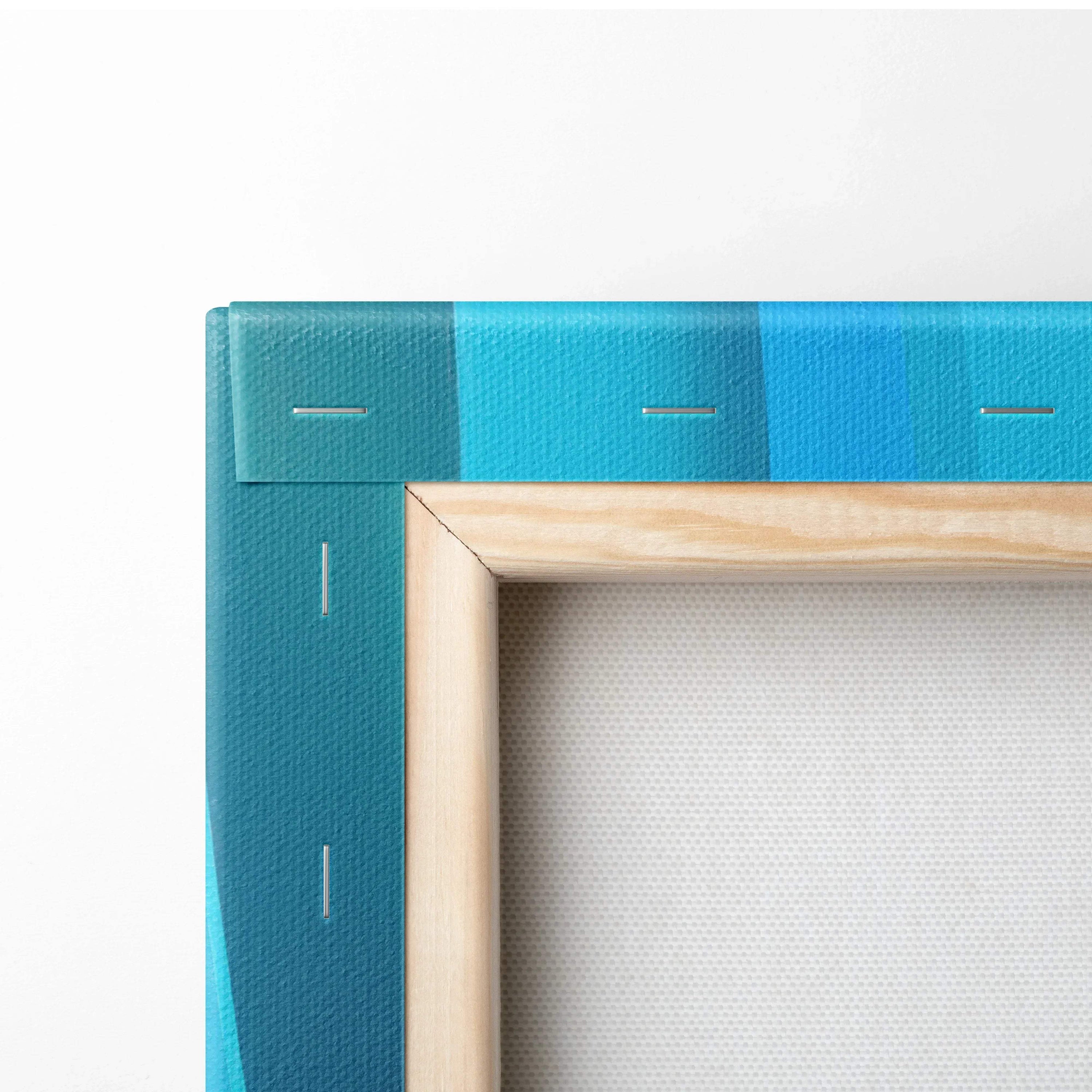 Modern abstract canvas wall art with blue and teal geometric shapes and natural wood frame.