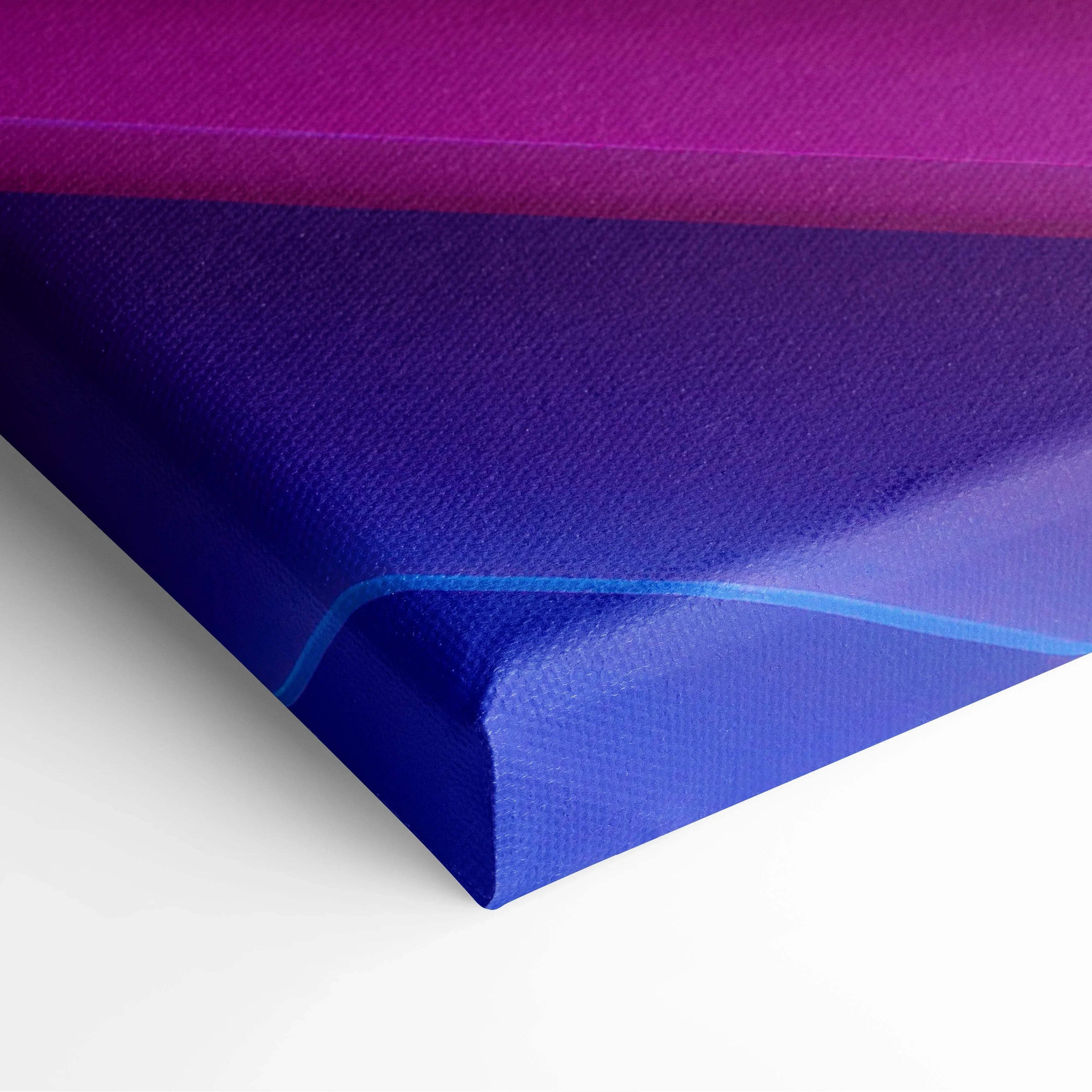 Modern abstract digital art canvas print featuring bold purple and blue hues, stretched on wood frame wall art.