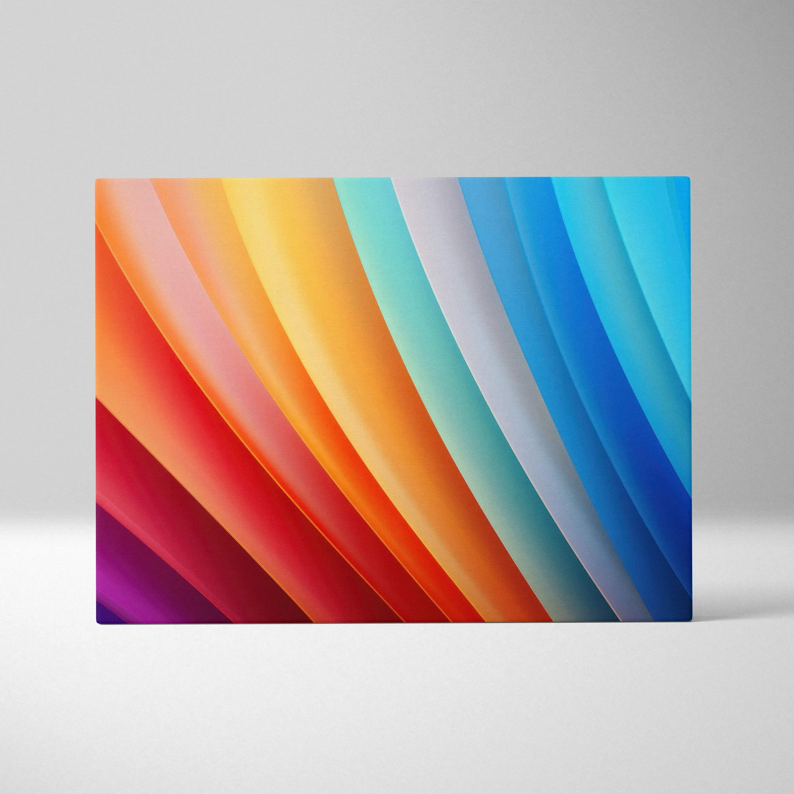 Modern abstract canvas art with curved, layered bands in vibrant red, orange, yellow, green, gray, and shades of blue tones.