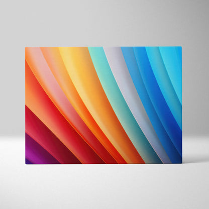 Modern abstract canvas art with curved, layered bands in vibrant red, orange, yellow, green, gray, and shades of blue tones.