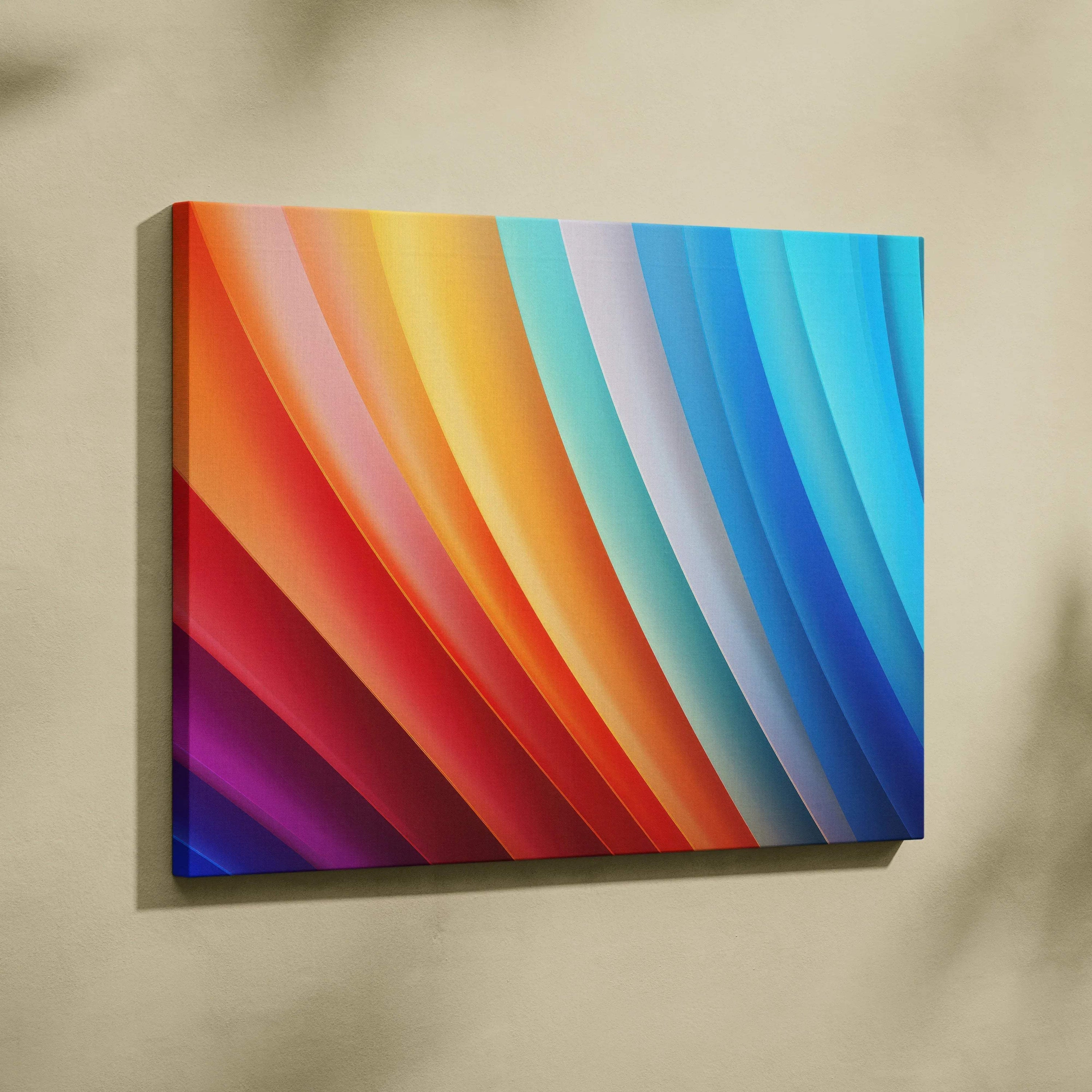 Abstract modern digital art canvas wall art with vibrant curved rainbow stripes in warm to cool tones.