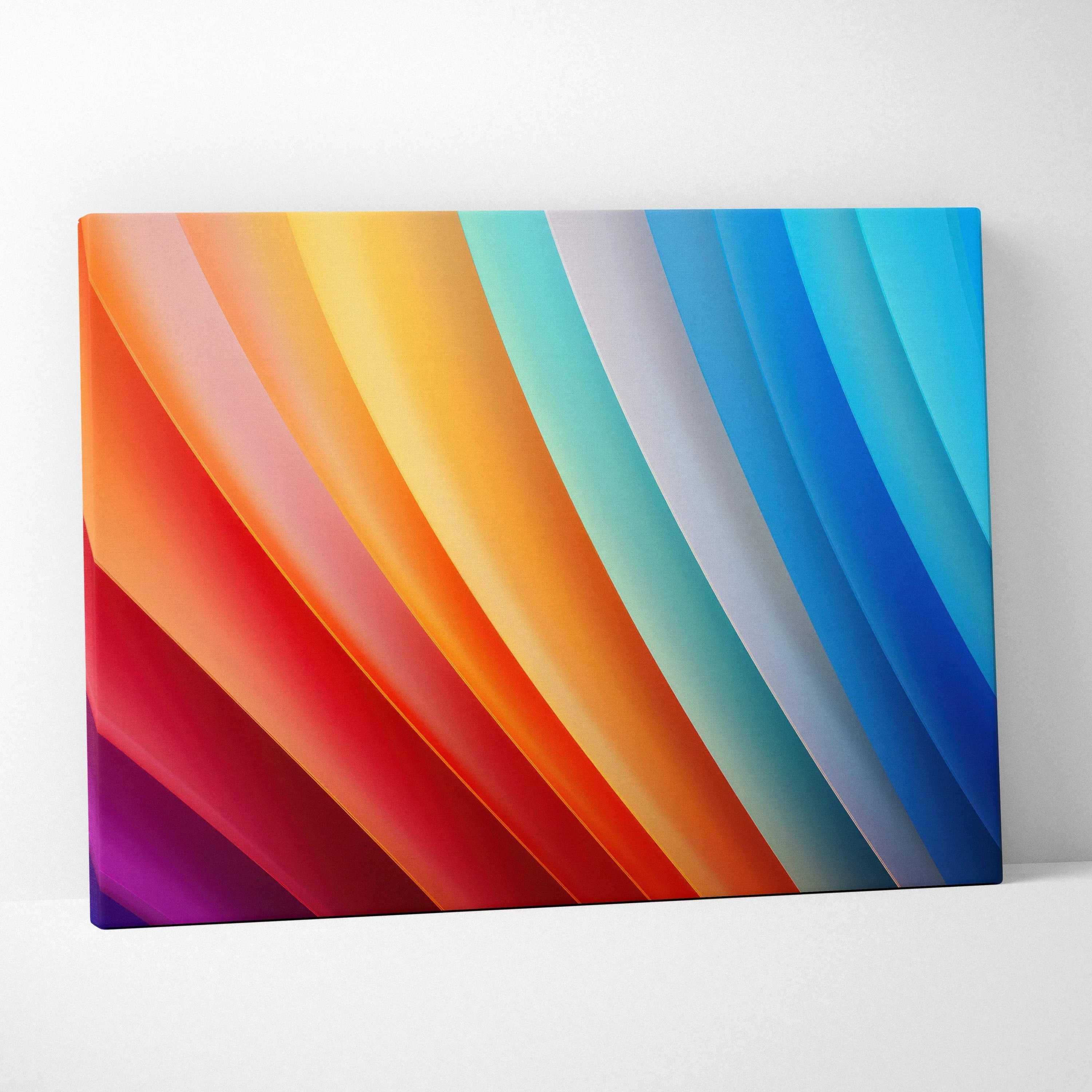 Canvas wall art featuring vibrant layered waves in red, orange, yellow, white, and shades of blue with a smooth gradient.