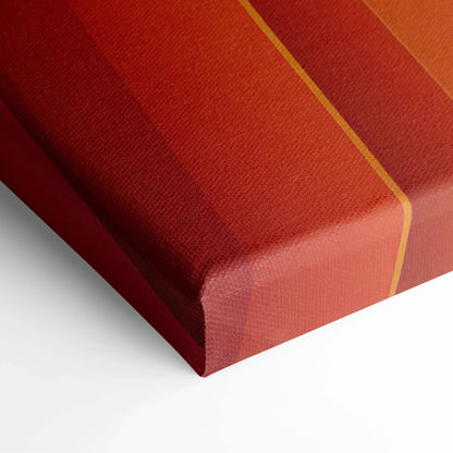 Close-up of a textured canvas corner with abstract digital art in deep red and orange tones with a thin yellow stripe,.