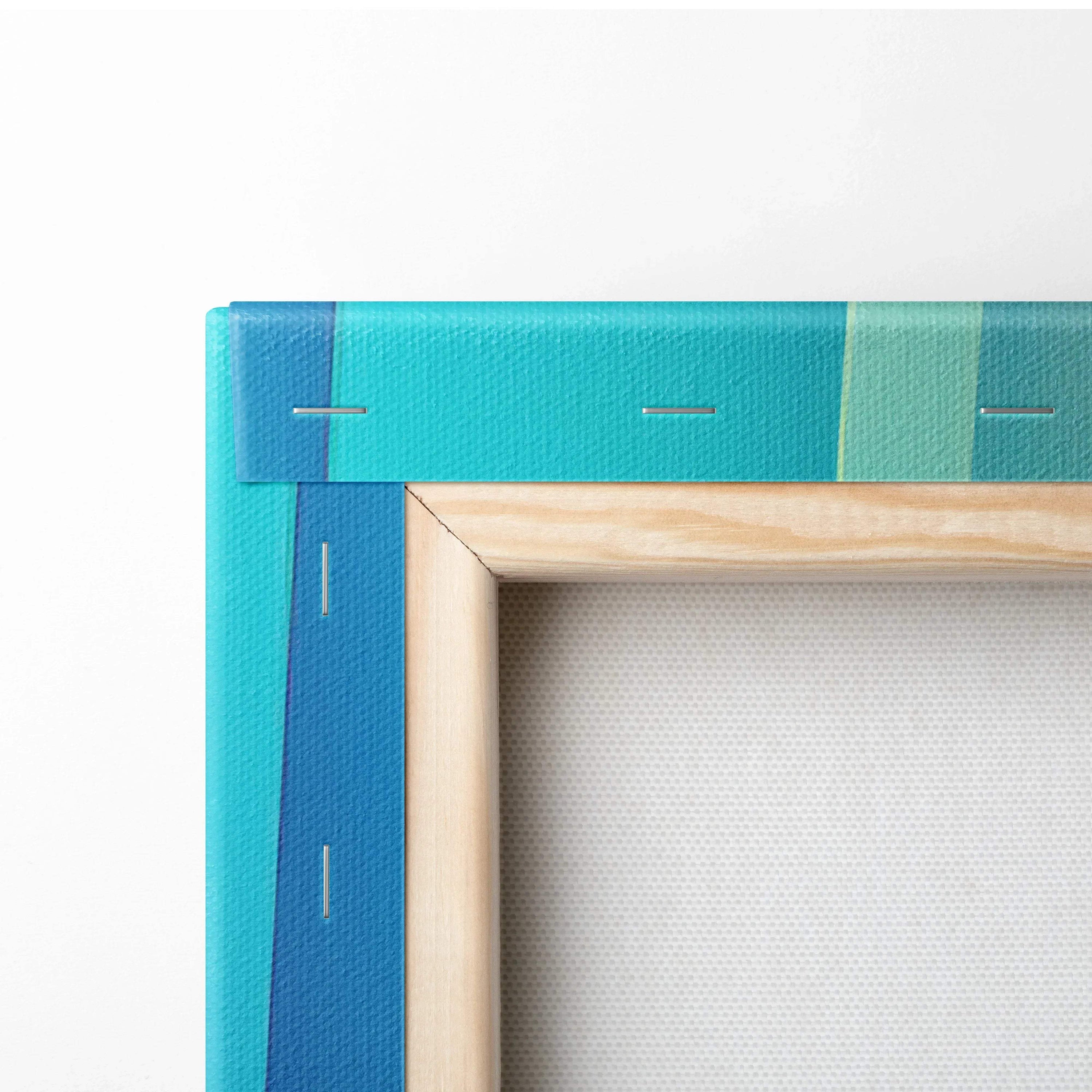 Close-up of a stretched canvas corner with vibrant blue and teal abstract digital art, wooden frame visible on backside.